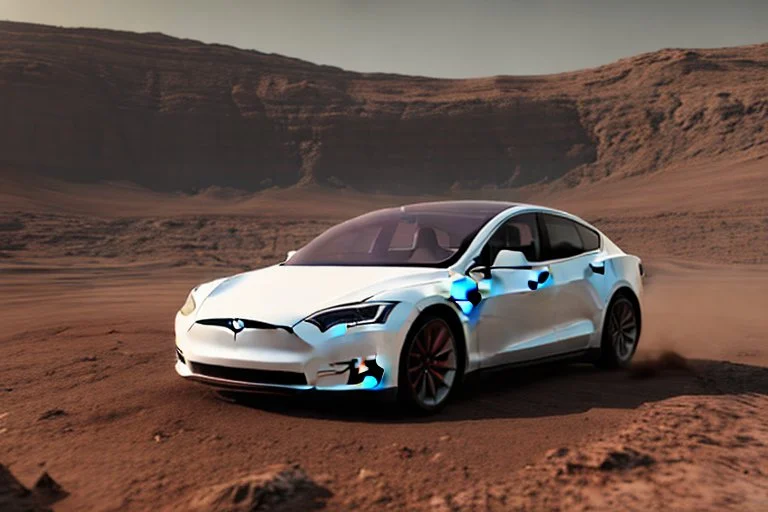 A Tesla 'Model S' is drifting at high speeds, at the Cydonia region on Mars. (CINEMATIC, WIDE ANGLE LENS, PHOTO REAL)