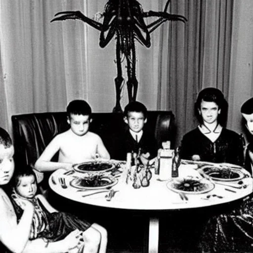 Creepy old photo of giger alien people sitting at dinner with weird children