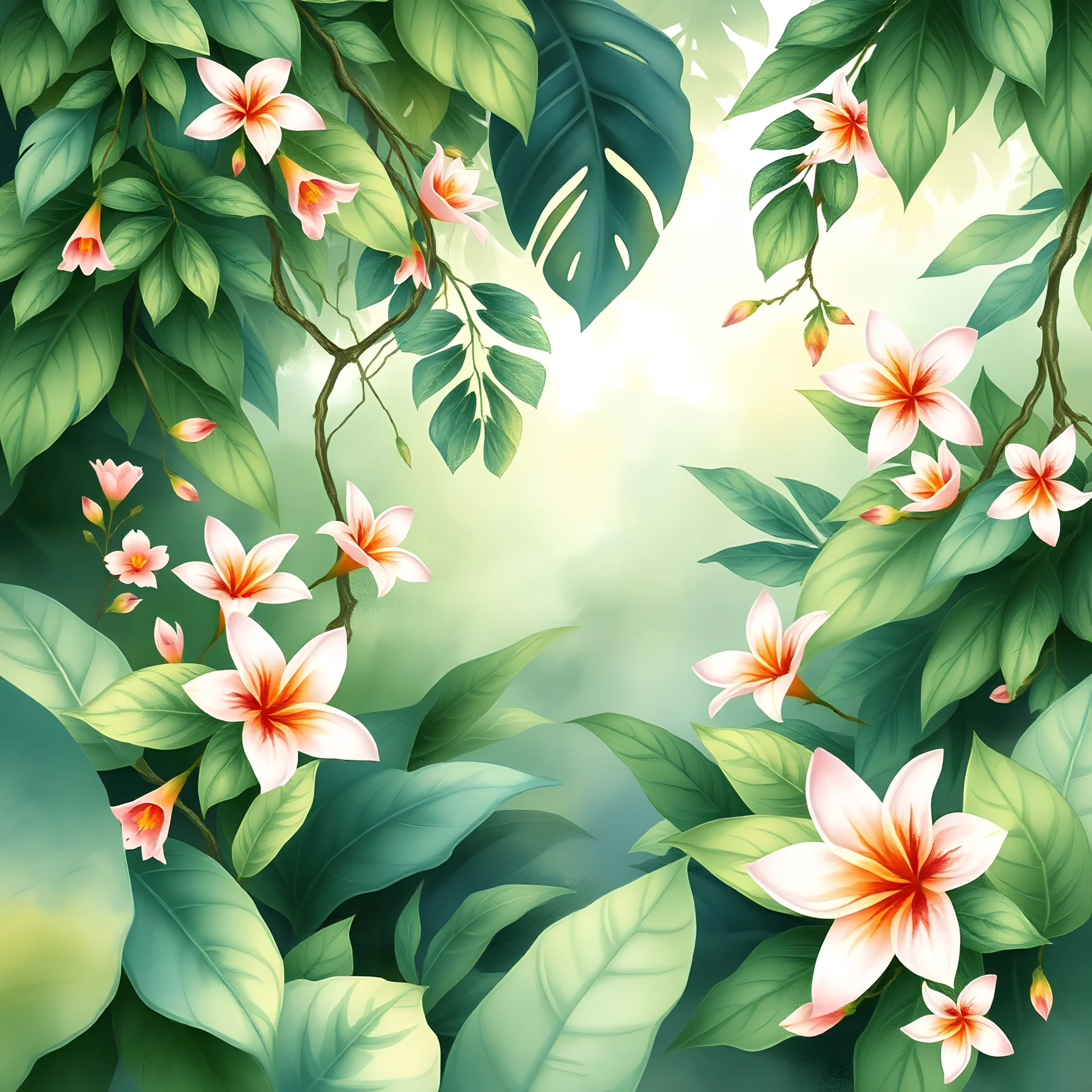 Watercolor of tropical spring floral green leaves and flowers, lush tropical foliage in a serene landscape of a blooming forest, with intertwining vines and delicate petals, vibrant shades of green contrasted by soft pastel flowers, gentle morning light filtering through the leaves creating a mosaic of light and shadow, illustration in the style of a delicate watercolor painting, with fine brush strokes, subtle gradients, and intricate detail. A breathtaking combination of serenity and natural