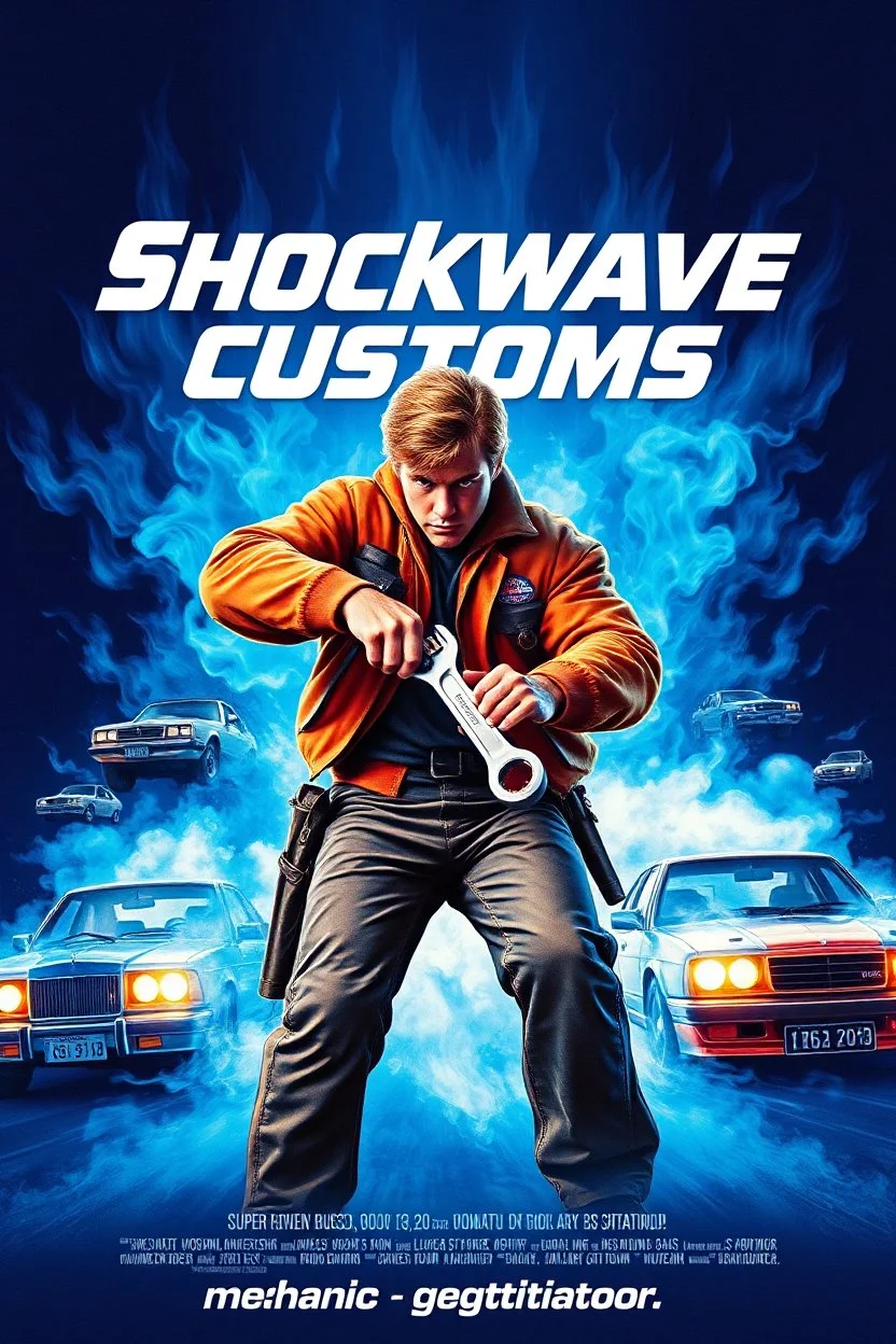 "Design a 90s-style romantic movie poster titled 'Shockwave Customs' with a blue theme and blue flames. Feature a super heroic mechanic in the foreground, fiercely battling thousands of adversaries with a spanner. In the background, show cars doing burnouts, creating a dynamic and intense scene. Capture the high-energy, gritty aesthetic of classic 90s romantic films. Prominently display the subtitle 'mmechanic negotiator' in bold, CRAZY impactful lettering."