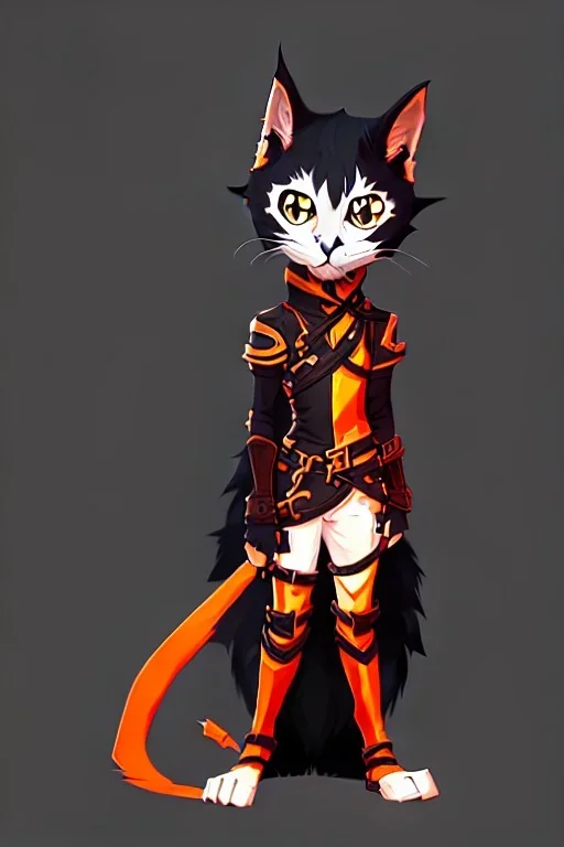 cat 2d, knight, ninja, black fur,full body, orange torn coat,game character, strong, anime, chibi