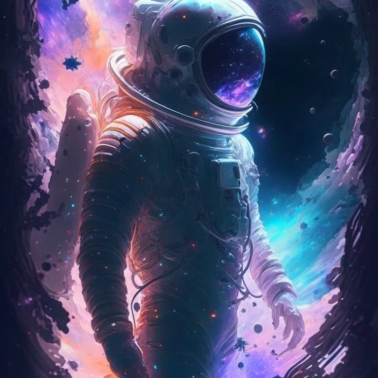 An astronaut lost in the galaxy whose soul is pulled from his body by the god of the galaxy in exchange for seeing his love one last time, digital art, anime, 4k, high resolution. full detail.