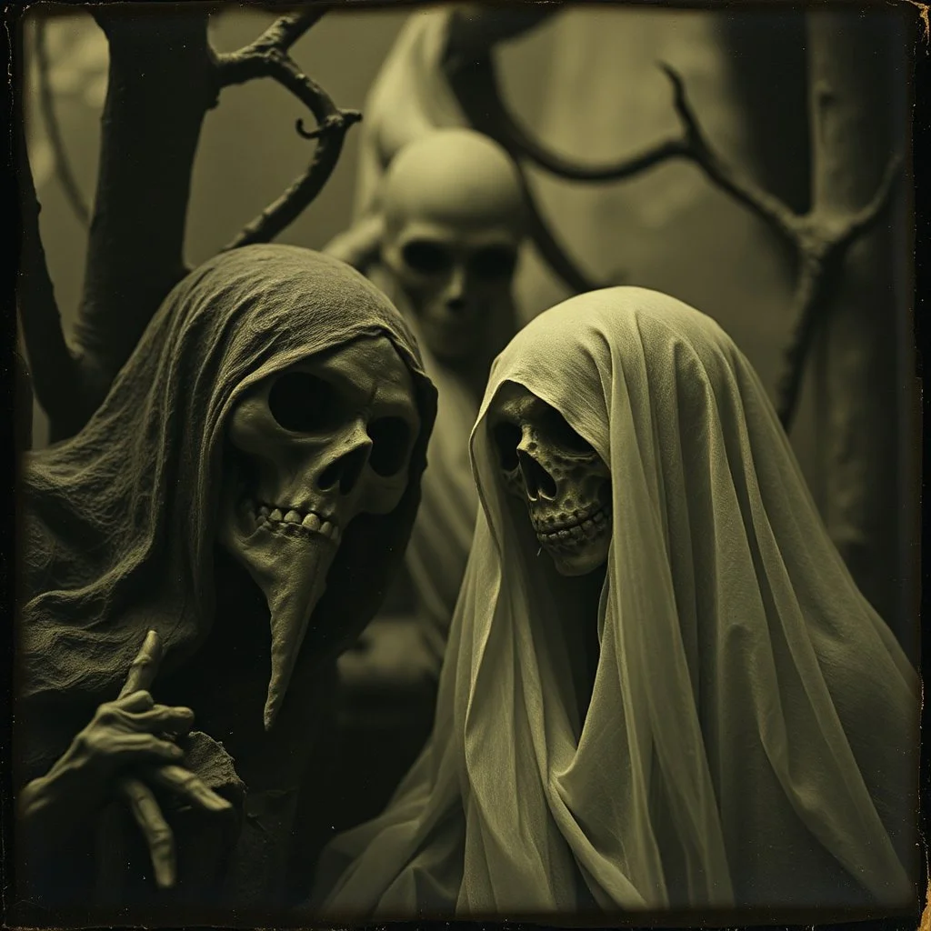 Daguerrotype close up of some mysterious figures, odd background, cinematic, Hieronymus Bosch, Max Ernst vegetal life, rotten, ambient light, ghost, cry