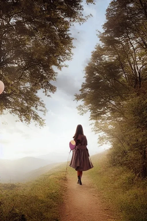 A beautiful girl walking along a mountain path, walking against the wind with balloons in her hand. nature, HD photography, Galen Rowell, David Muench, perfect composition, gloss, hyperrealism