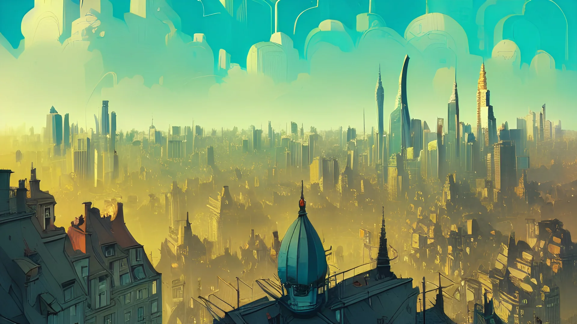 Skyline from Belvedere,big city,Beaux Arts architecture,Book illustration by Gediminas Pranckevičius, Jean Baptiste Monge, Brian Kesinger, Anton fadeev, Kilian Eng, strong lines, high contrast vibrant colors, highly detailed, 16k resolution, trending on behance