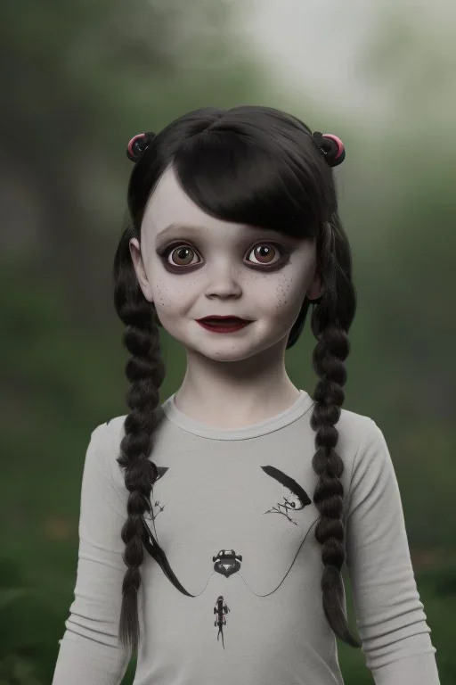 Wednesday Addams toddler, full body, jump, bokeh, hyper realistic