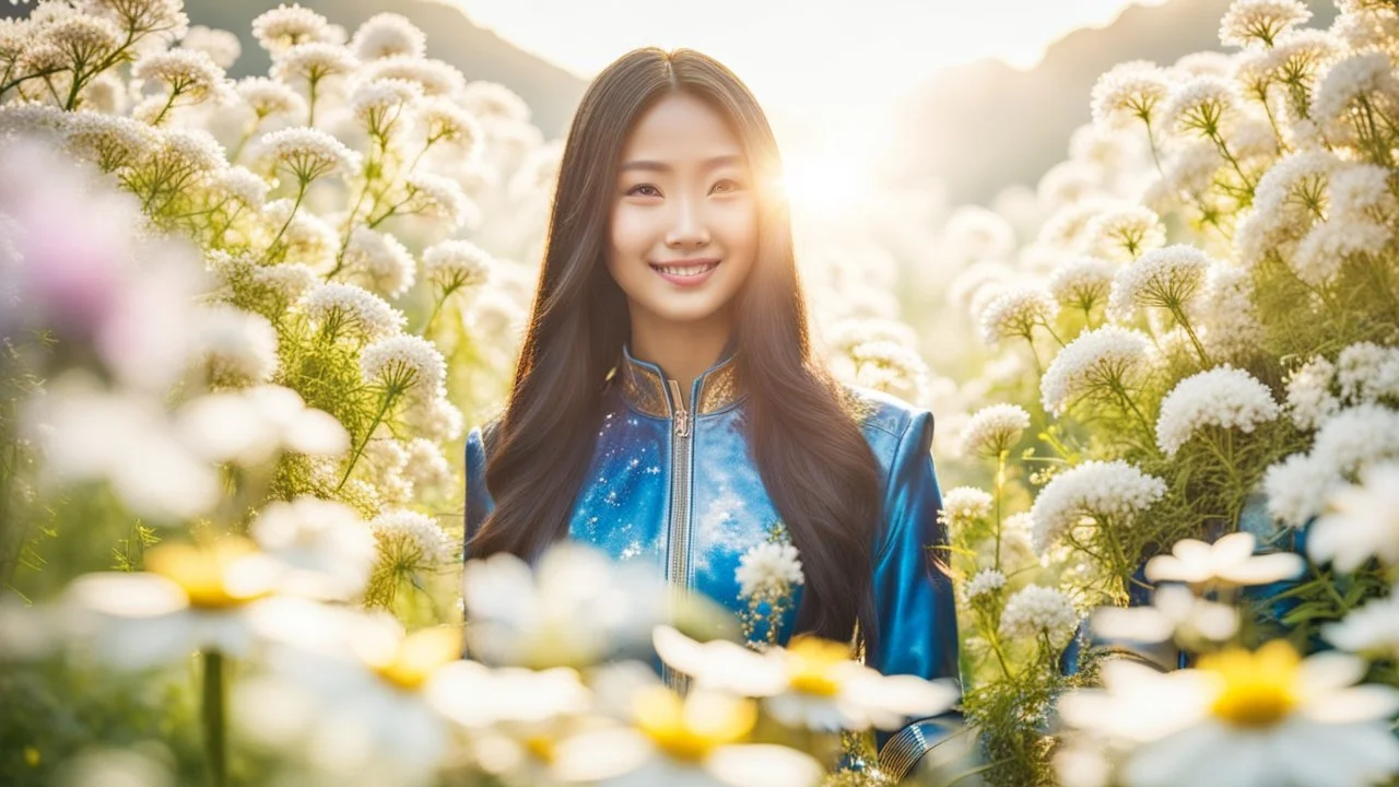 Portrait of a gorgeous smiling asian model with a golden skin, long smooth blonde hair, blue eyes, in a cosmonaut outfit with luminous strikes in a hill of flowers with 1000 y/o trees, a small torrent, loads of mini flowers, moss, sun rays through the branches, particles in the air at spring