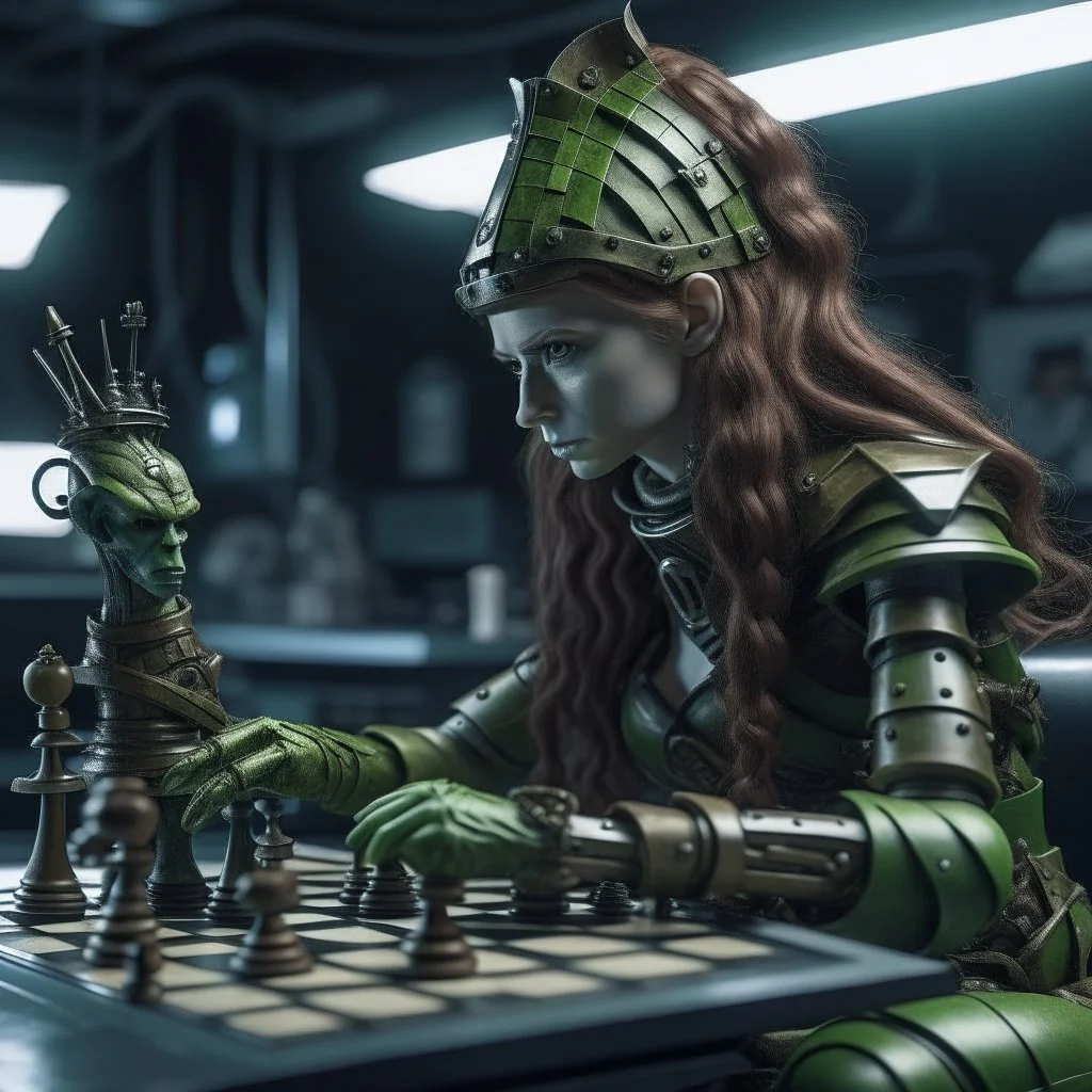 medusa in the style of cyber punk playing chess with a knight chess piece in her hand