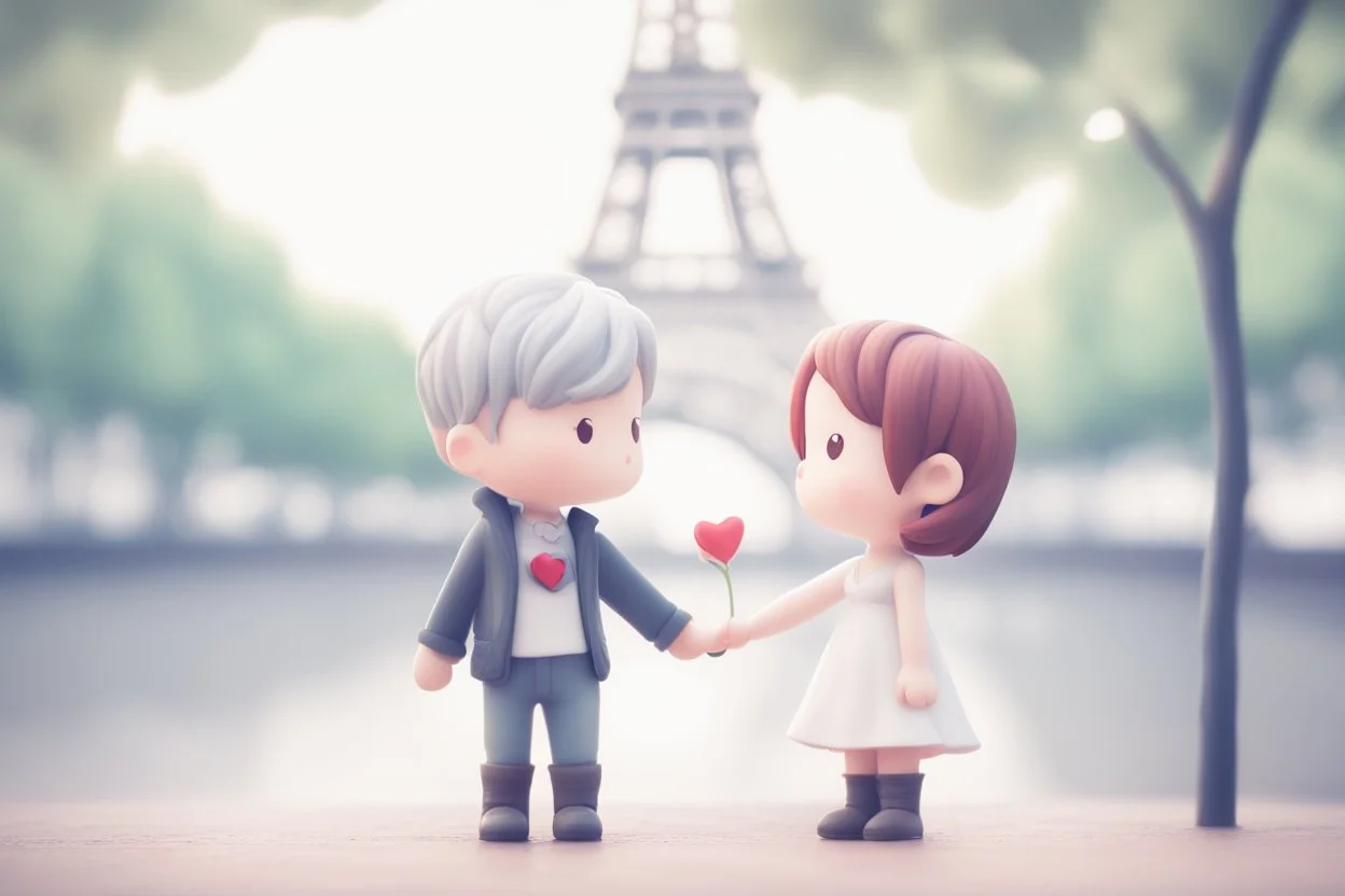 cute chibi mahogany haired girl with a short, silver haired boy, Eiffel tower, heart and love, flowers in Paris, ethereal, cinematic postprocessing, bokeh, dof