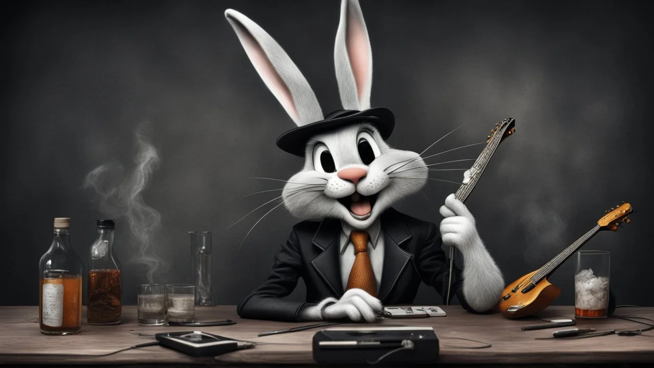 photorealistic deppressed dark melancholic Bugs bunny deppressed doing music rock and roll dark heavy metal on a scene alcoholic, ciggaretes ciggaretes ciggaretes