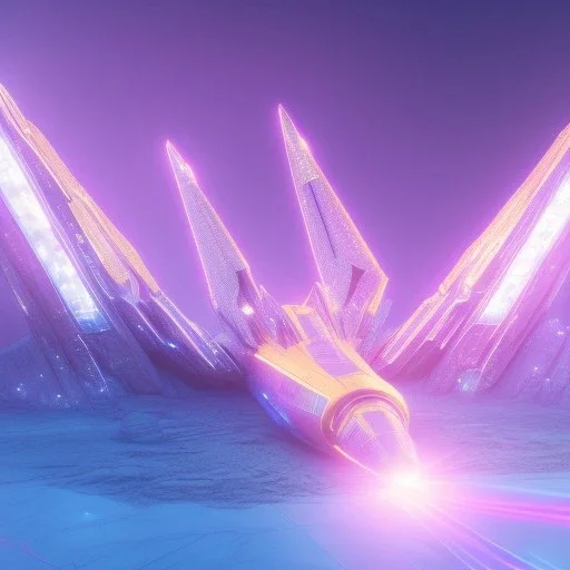 a crystalised blue pink spaceship, gold, diamonds, lightbeams, cosmic background, atmospheric, realistic, unreal engine, 8k. Cinematic lighting, octane render.