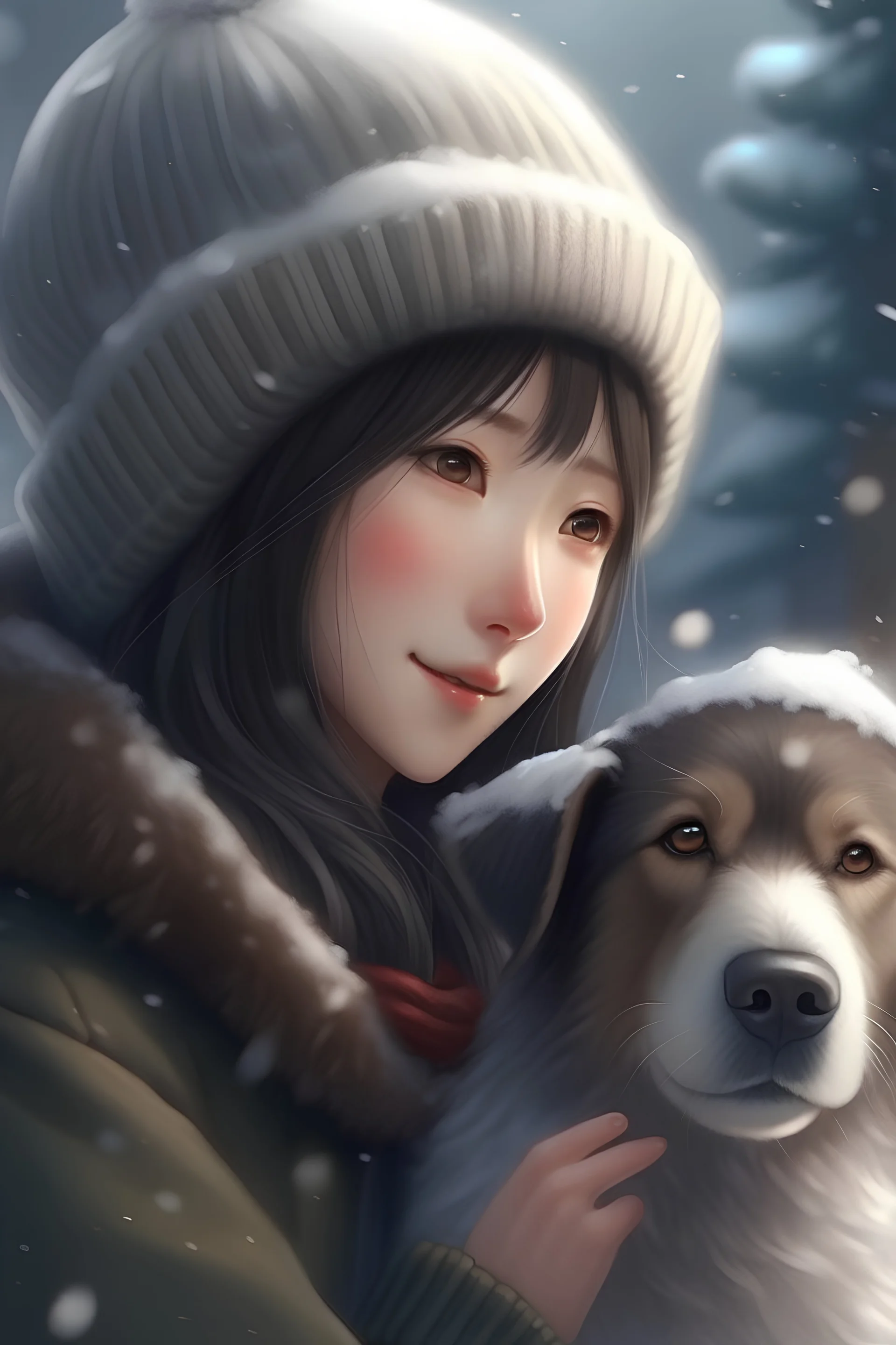 a pretty japanese woman, in winter clothes and hat, snow falling, dog licks her nose, cute, happy, realistic, digital art, 4k