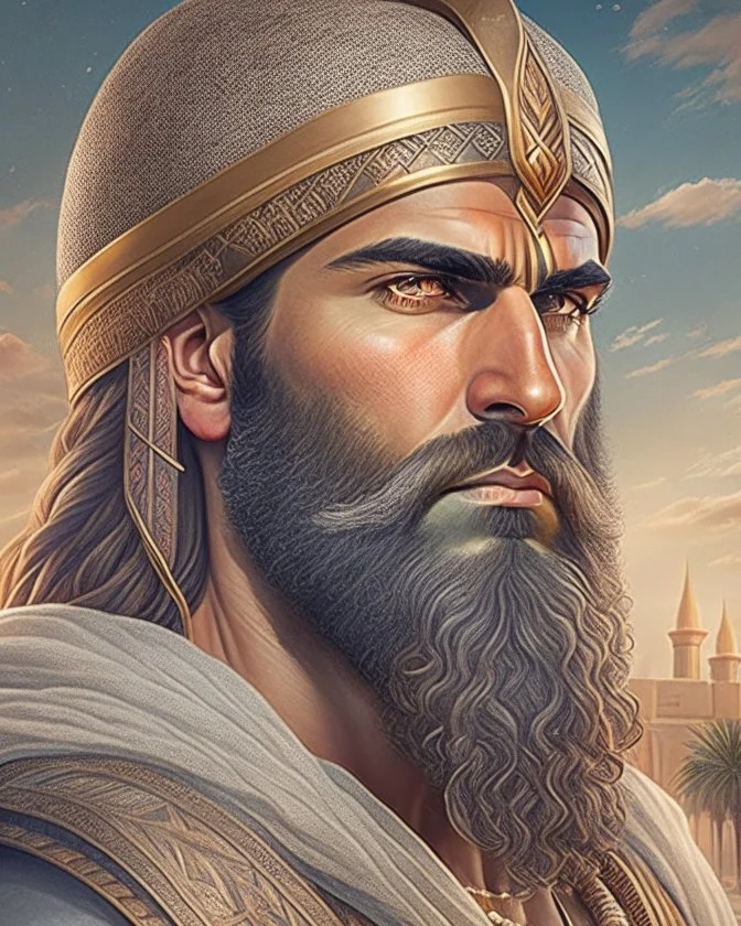 Mesopotamian warrior, expression serious, aura, portrait, background Mesopotamian city, comic style, long beard,