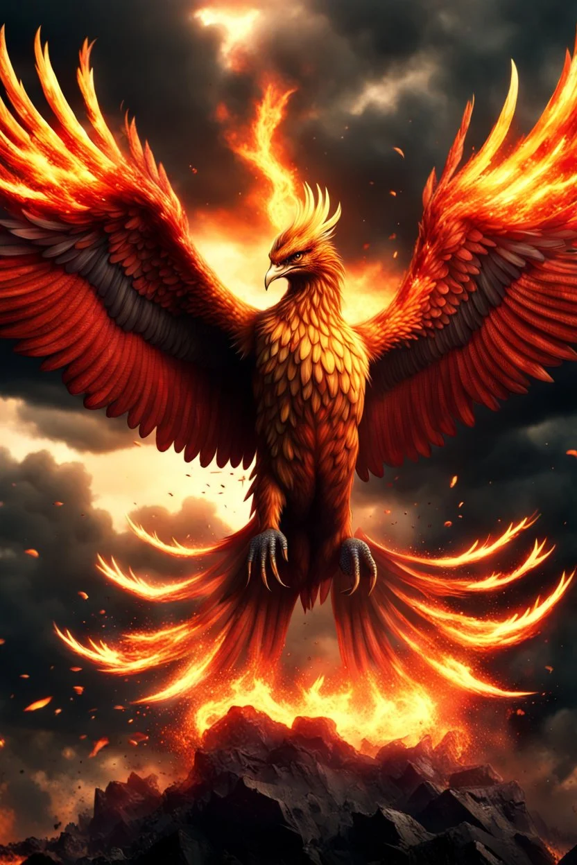 Create a ultra high definition and photorealistic image, 12k quality of a beautiful phoenix, majestic and strength showing, emphasis on texturized claws, upclose with a front view flying towards the camera, centre of an explosive and chaotic background scene of Armageddon where he is followed by demon like dark clouds in persuit trying to grab him, phoenix has striking eyes and determined look, majestic wings folded inwards in flight, bright auburn, black, white, grey and yellow colours, gothic