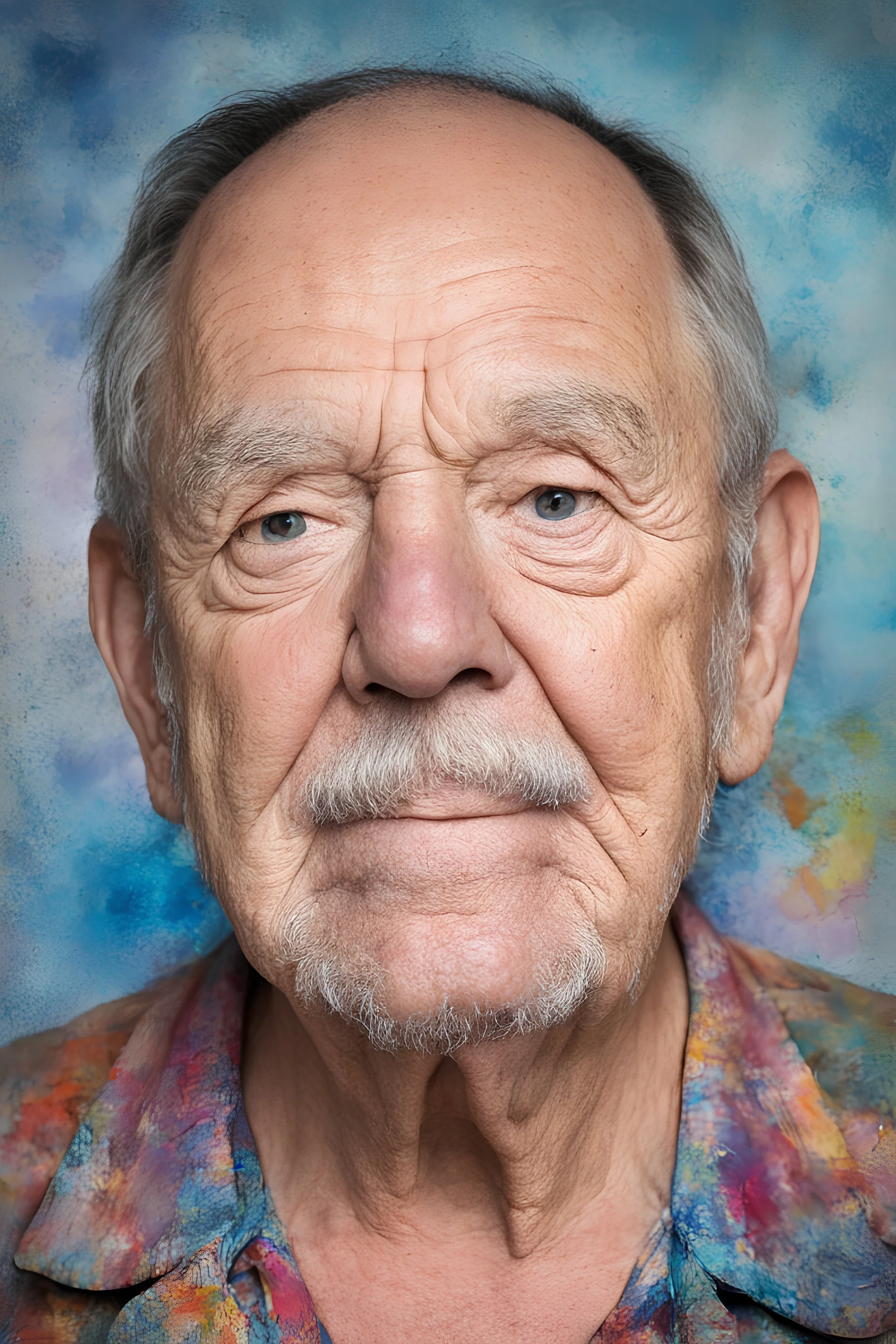 facial portrait, 78-years-old, overweight, wide set blue eyes, large, curved down nose, big lips, square jawline, bushy eyebrows, shoulder length, dark brown hair, gray sideburns, goatee, a bright, extremely colorfull professiona quality digital photograph, multicolored watercolor stained wall in the background