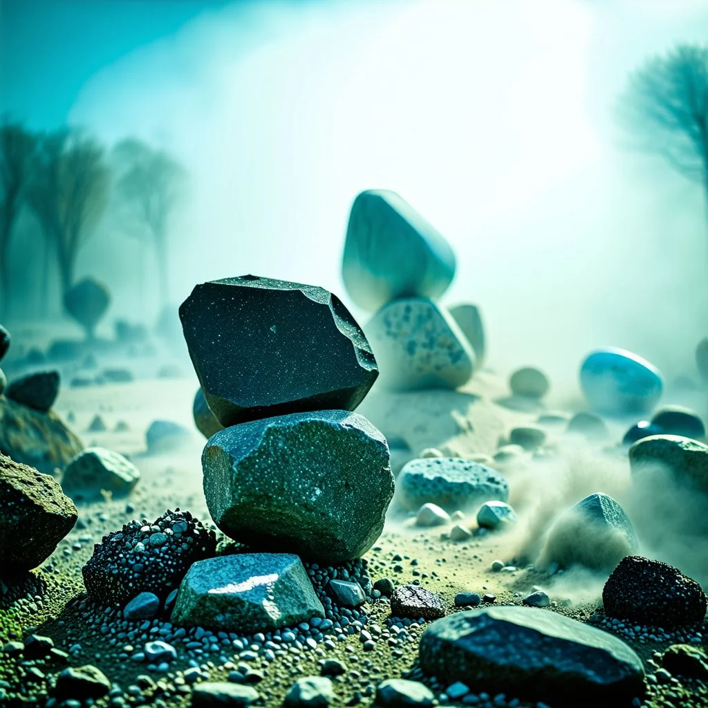 A striking quality close-up Kodak image captures a surreal wasteland with odd stones, odd spindle-shaped objects, spooky, creepy, details of the dust very accentuated, glossy, organic, adorned with minerals and rocks, fog, feeble light, eerie, Yves Tanguy style, volumetric light, fog