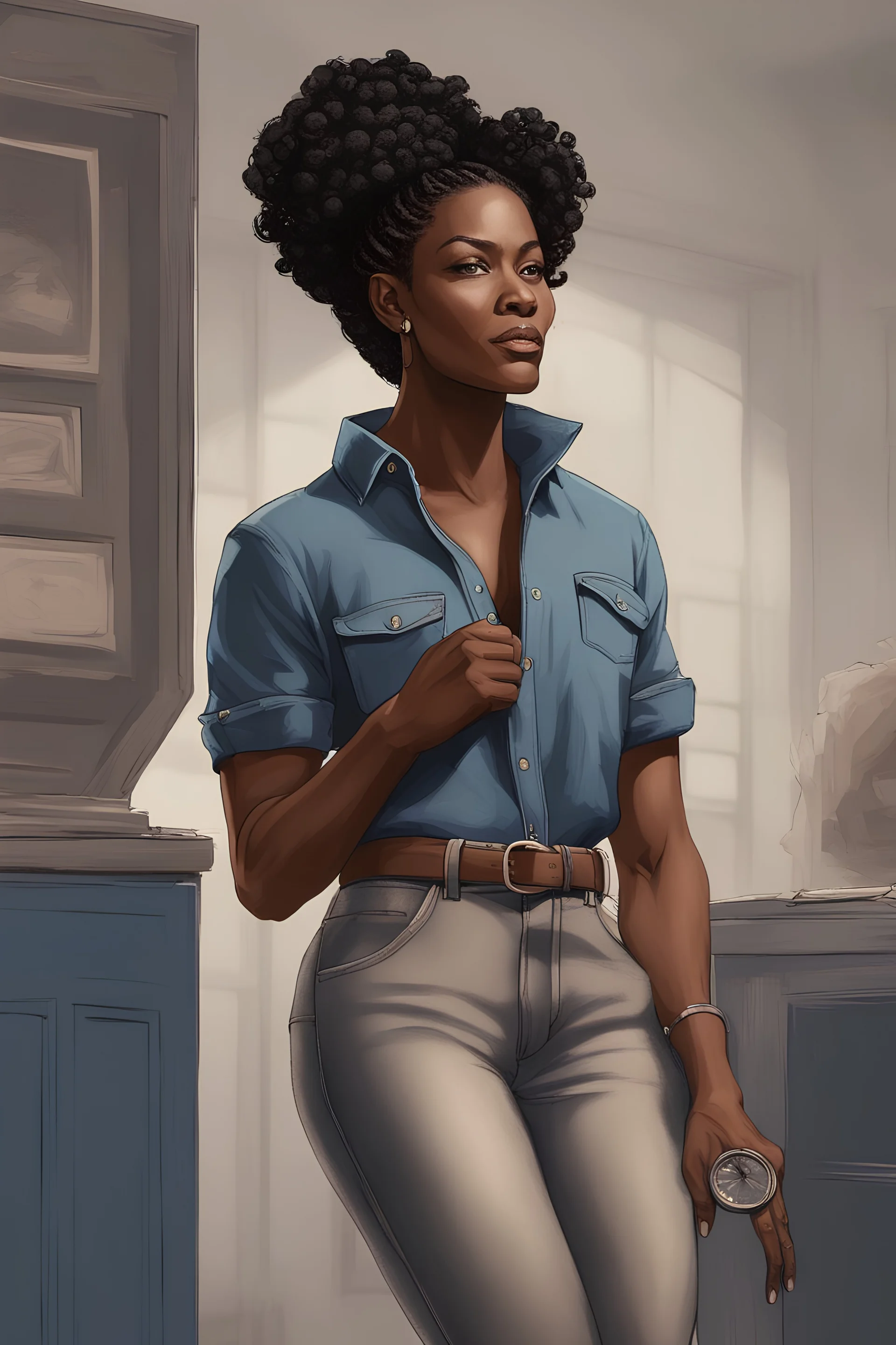 a very manly female middle aged black mother dressed polo t-shirt and blue jean pant with hair styled into a professional bun with a very masculine body structure with masculine pecs and standing with hands in pocket facing front in a photorealistic picture