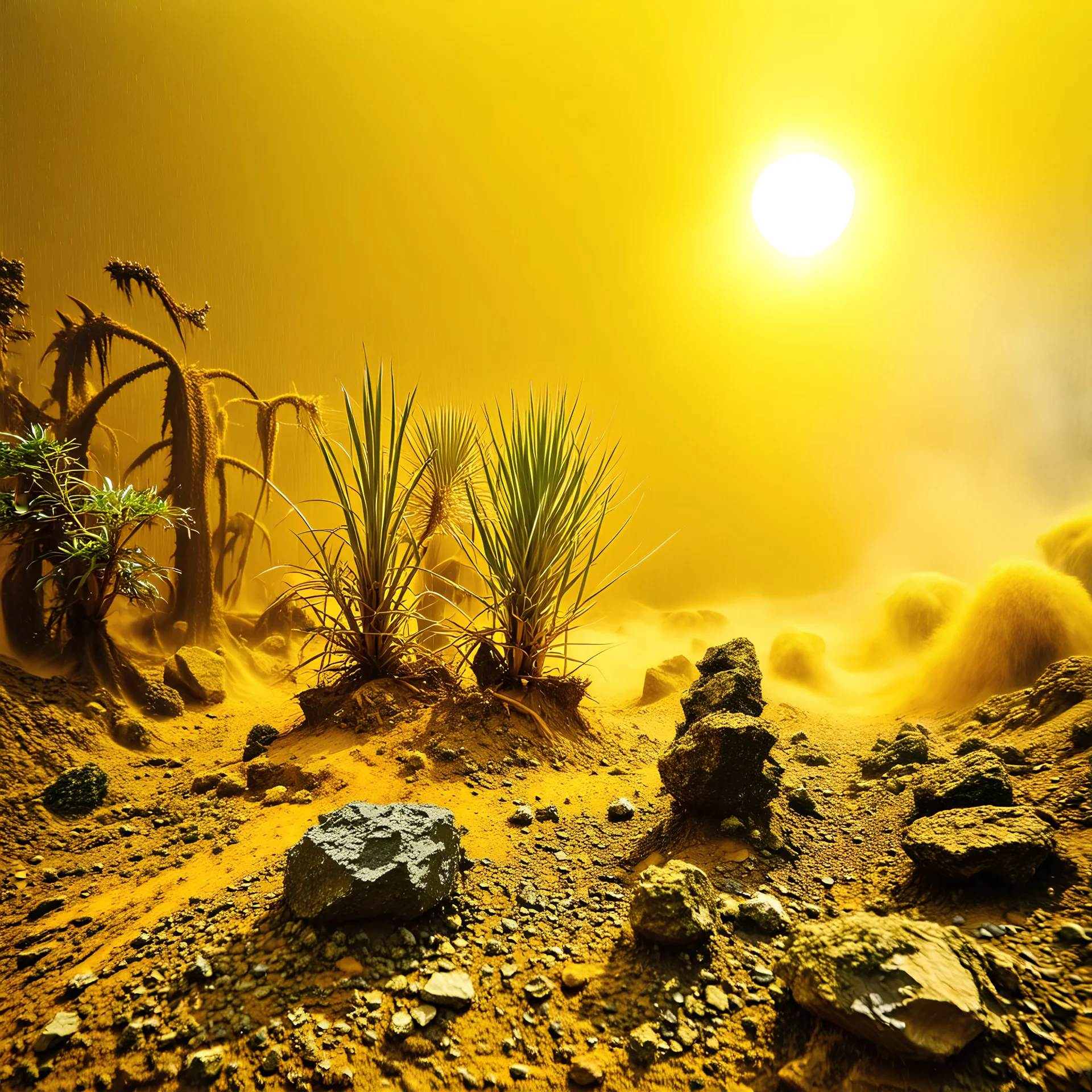 A striking quality Kodak photograph captures a wasteland with liquid and group of monstrous plants, creepy, details of the dust very accentuated, glossy organic mass, adorned with minerals and rocks. Bathed in intense light, eerie, Max Ernst style, yellow sun, fluids, fog, bkue eyes, paranoic, obsessive