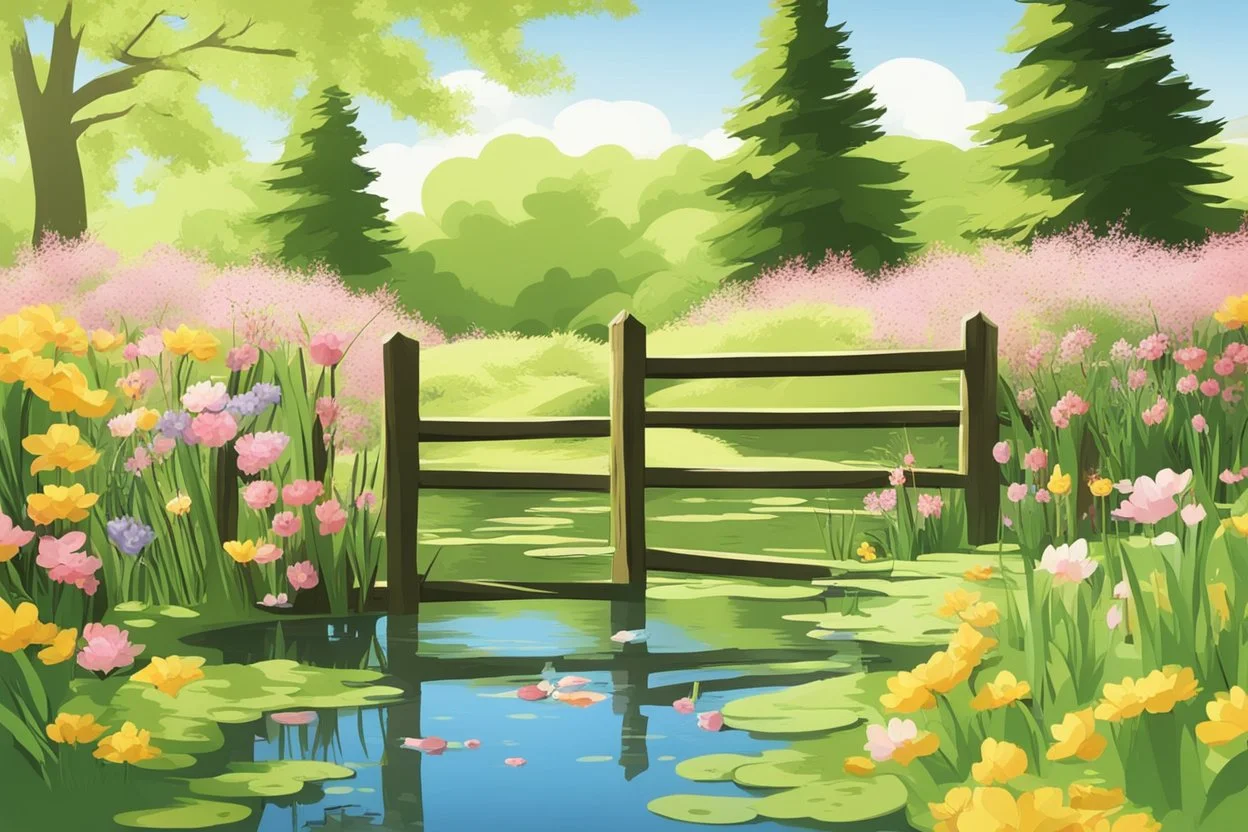 amazing sunny spring day, trees, flowers, fence, little pond