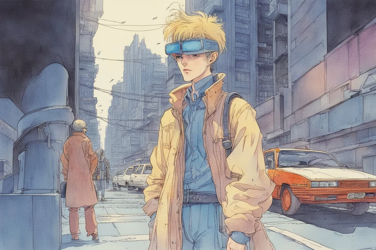 retro anime style, full color, dark serious 1980s anime Lunar Punk city, moebius artist, magic, watercolor,