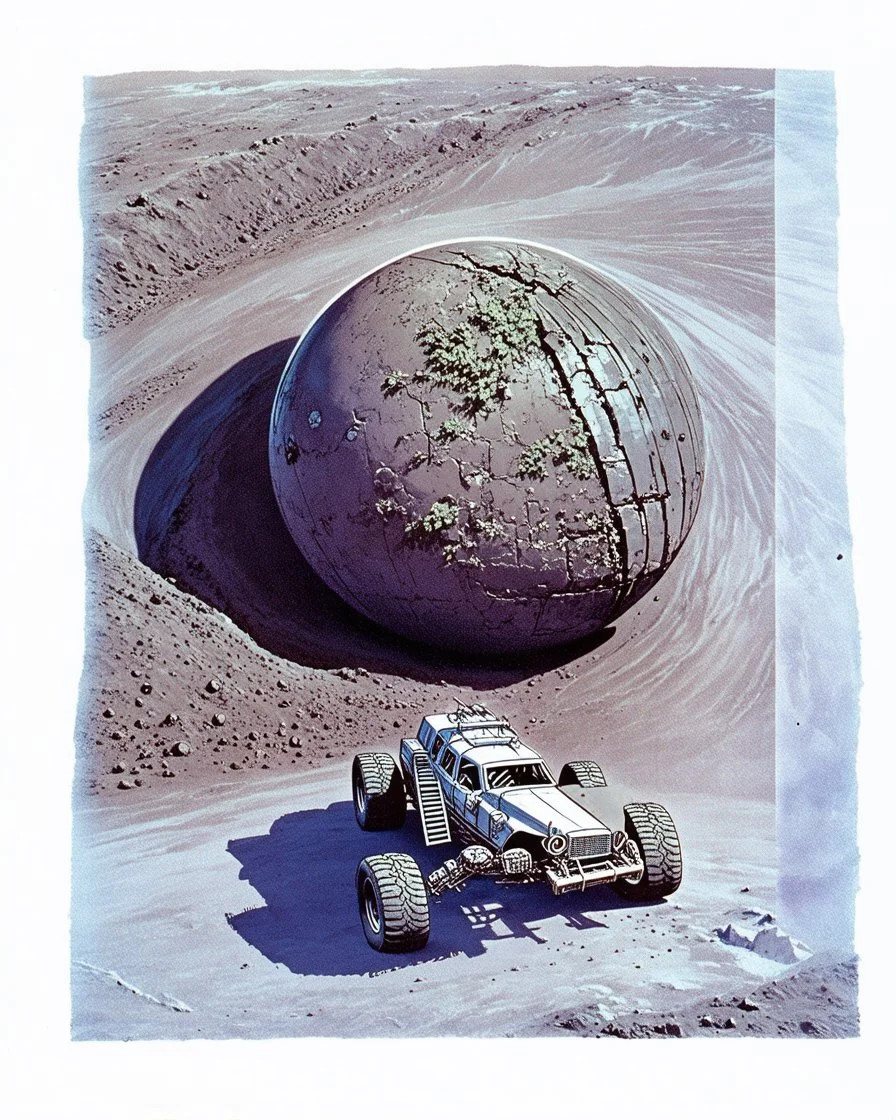 High-altitude lunar reconnaissance satellite image of a young impact crater with larger regolith along right ride. A damaged metallic alien sphere with fracture lines like an egg. organic growth across regolith and up crater walls. Along the lower frame edge a small modern bare-bones lunar-vehicle sits near the rim with visible wheel tracks. comic pencils