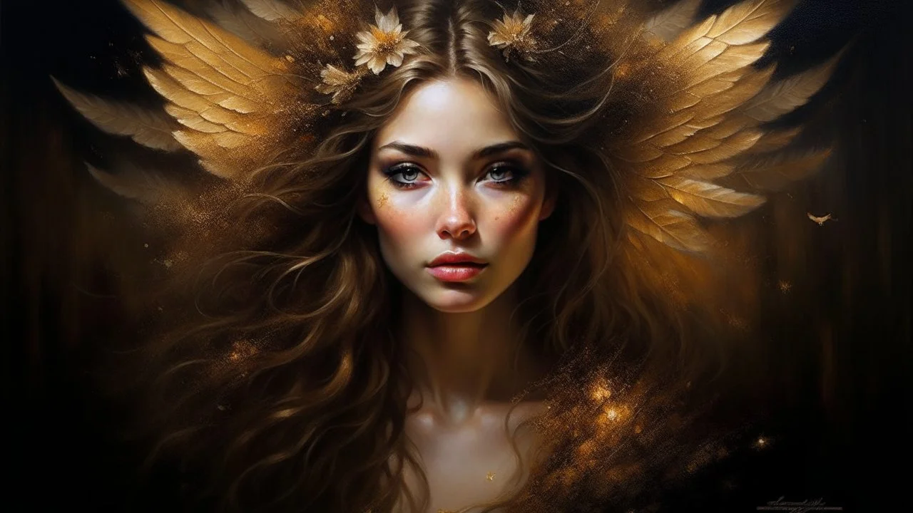 ethereal faerie, delicate large golden wings, mesmerizing dark brown eyes, flowing golden hair, impasto technique