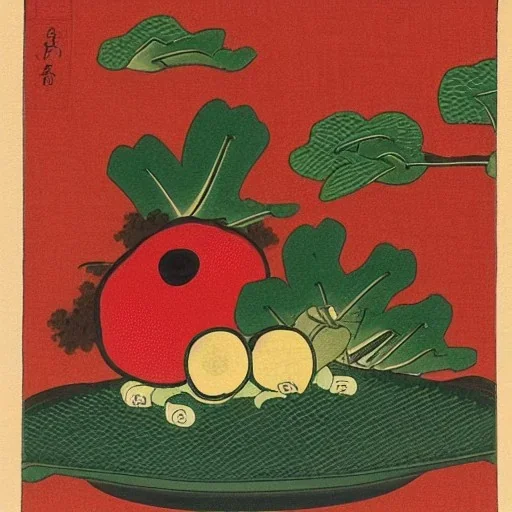 Ukiyo-e style illustration of fruit stilllife