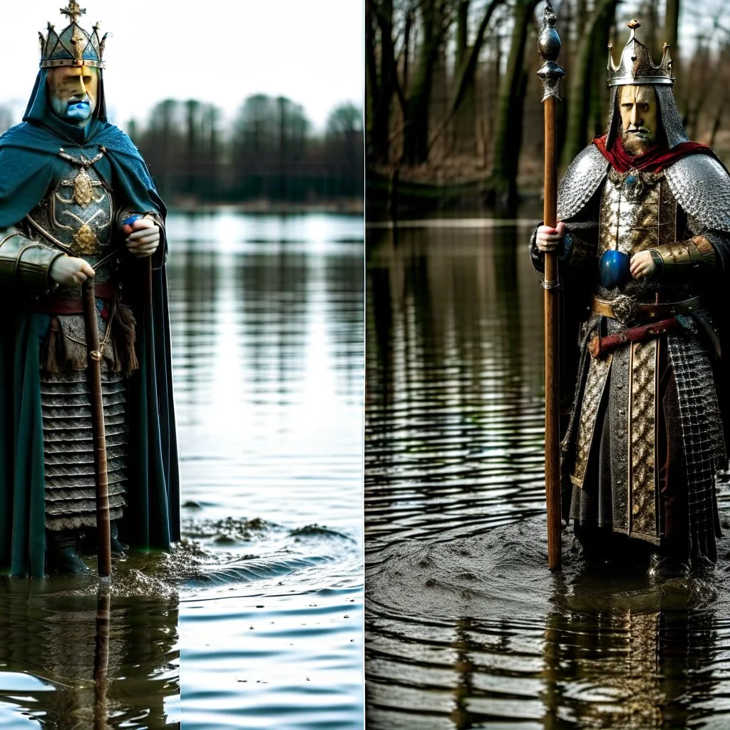 The prince of the high tide and the prince of the low tide in the river wearing medieval battle clothes, the image is divided into half a river at high tide and half a river at low tide