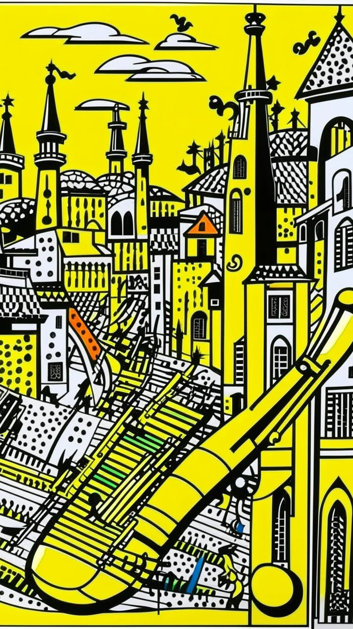 A golden yellow Mexican town with musical instruments painted by Roy Lichtenstein