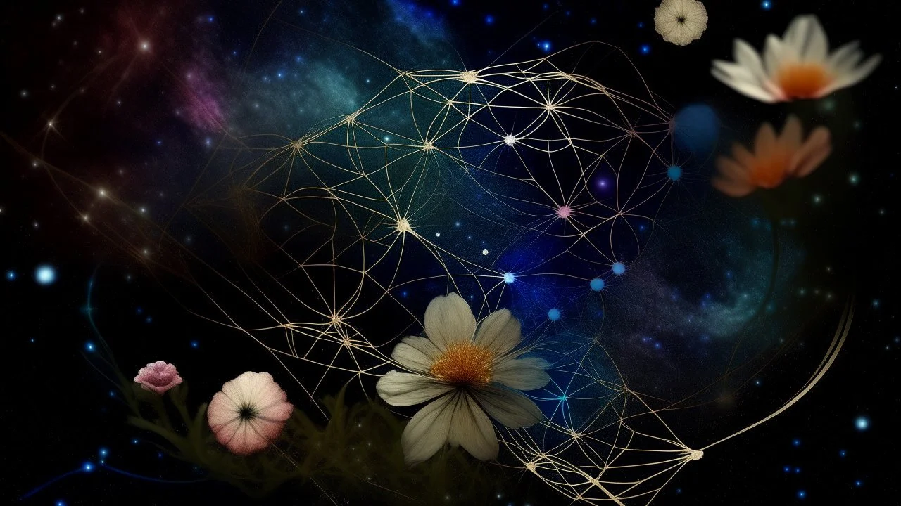 An abstract photo of the cosmos with stars, plantes, and geometric symbols.