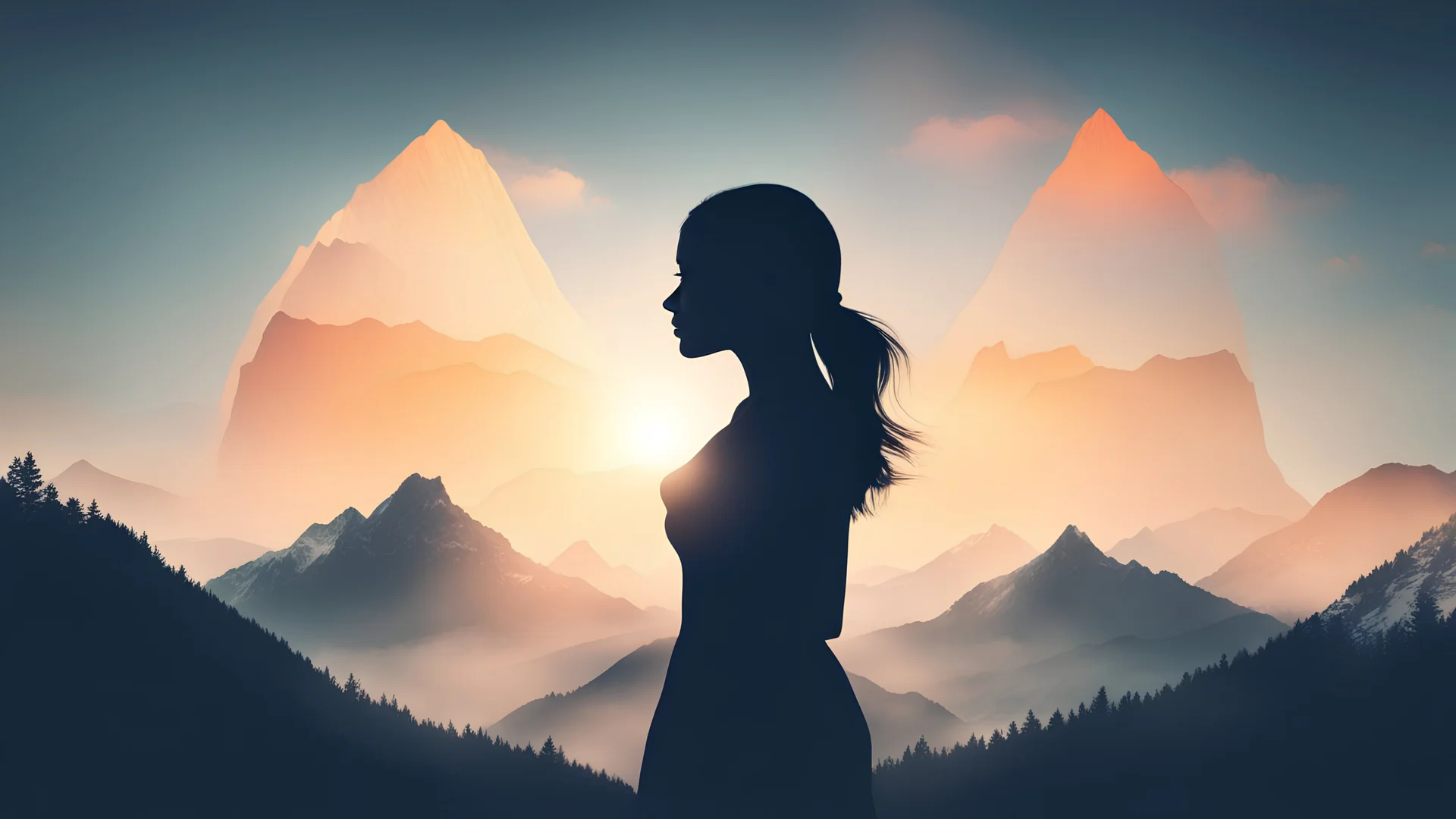 high quality, 8K Ultra HD, A beautiful double exposure that combines an girl silhouette with sunrise mountain, sunrise mountain should serve as the underlying backdrop, with its details incorporated into the girl , crisp lines,