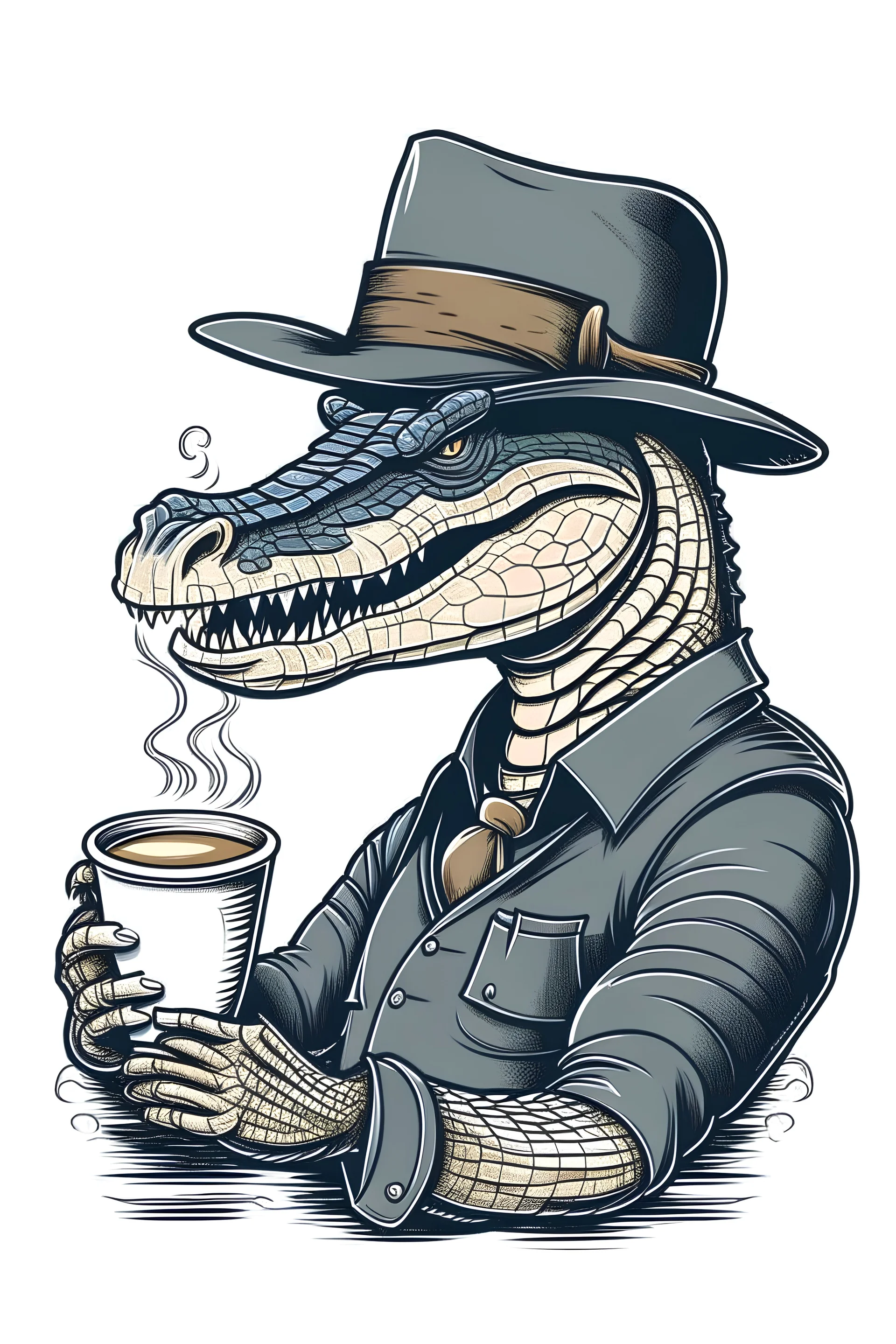 A Gator drinking coffee vector image for a t-shirt on a white background