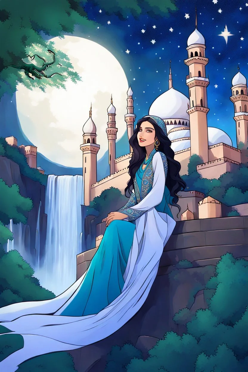 A beautiful Arab girl. Decorated silk fabric. And riding on the back of a dragon Strong ornate. Starry sky. Trees and waterfalls. And ornate mosques. And future Islamic buildings