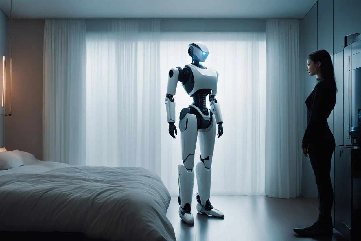 [replicant] a woman stands before a sleek, humanoid robot in her bedroom. She gazes at the soft and warm machine with a mixture of curiosity and longing, her heart pounding in anticipation of what is to come.With a hesitant but determined step, she reaches out and touches the robot's cold, smooth surface.