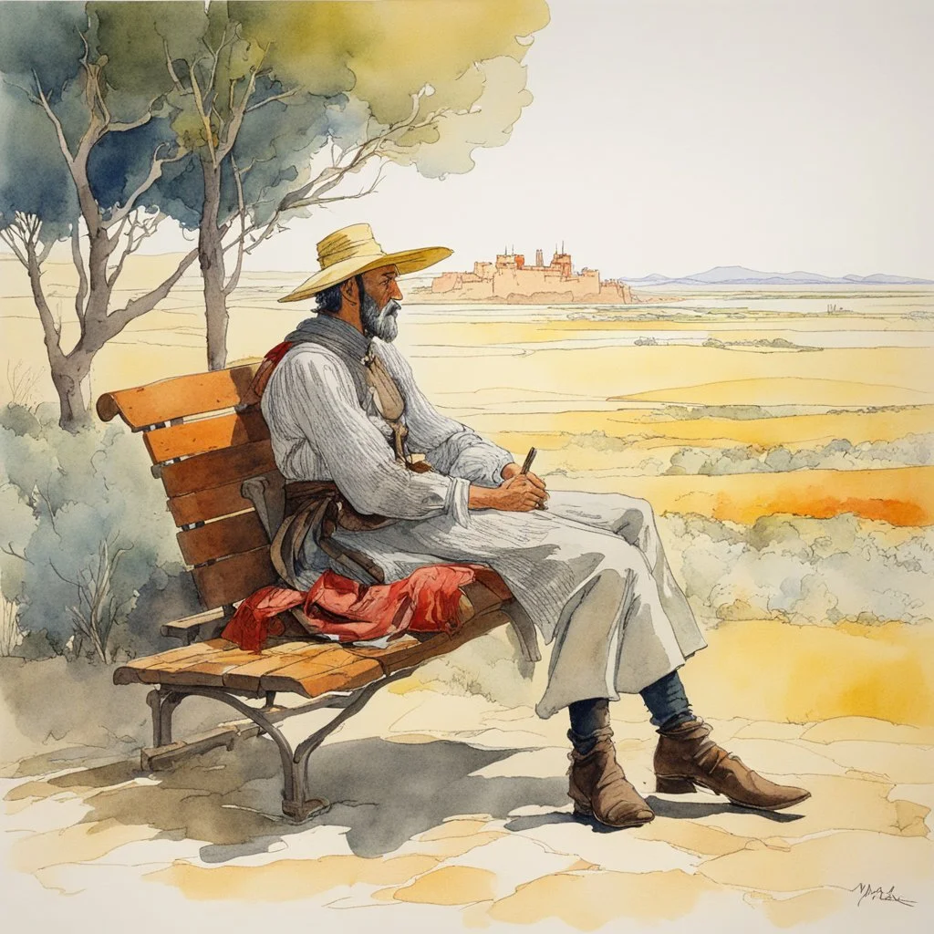 Don Quixote sitting on a bench, aquarelle by Moebius