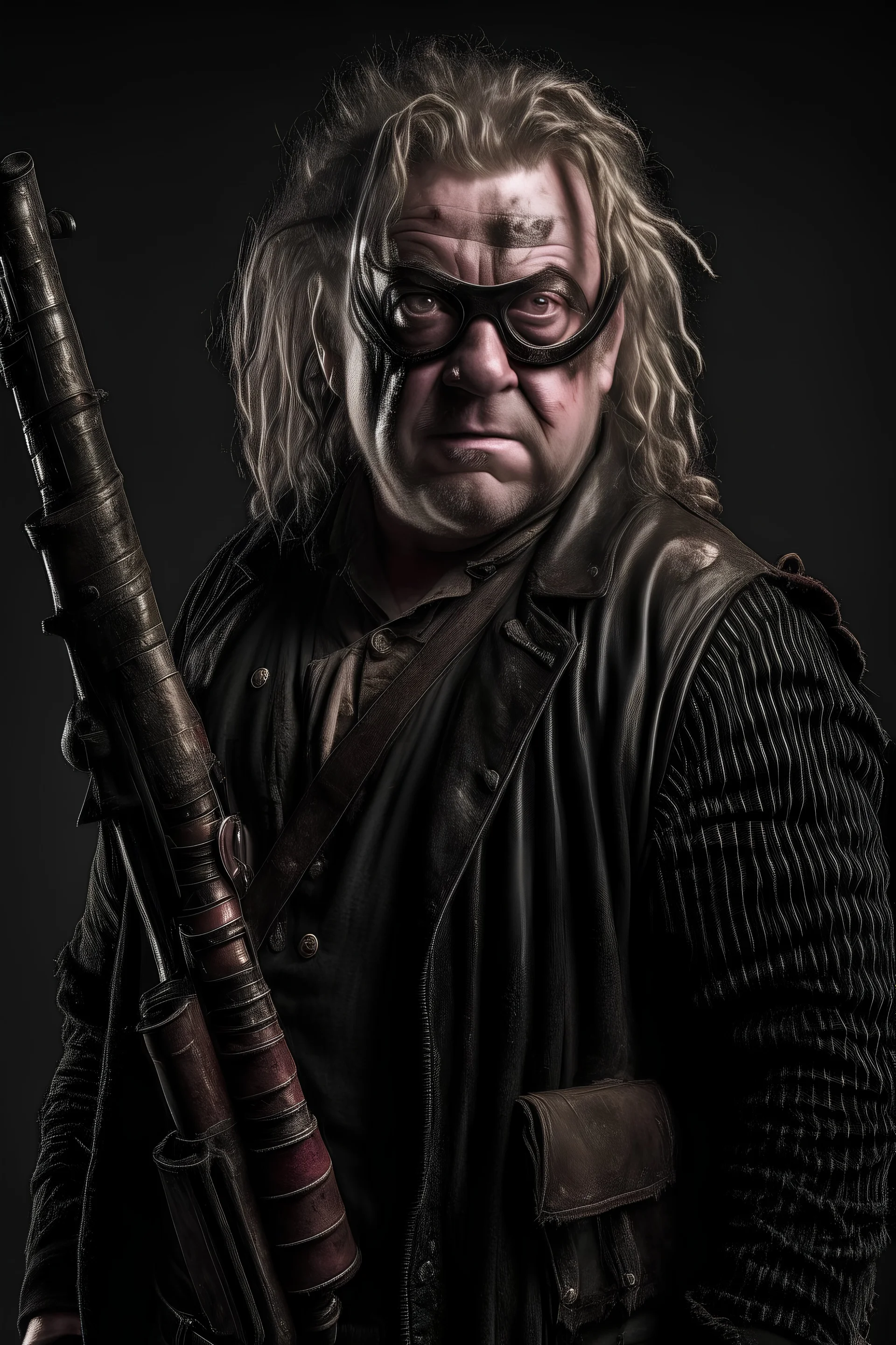 Mad-eye Moody with a chainsaw for a right arm wearing leather armor, looking gaunt and angry