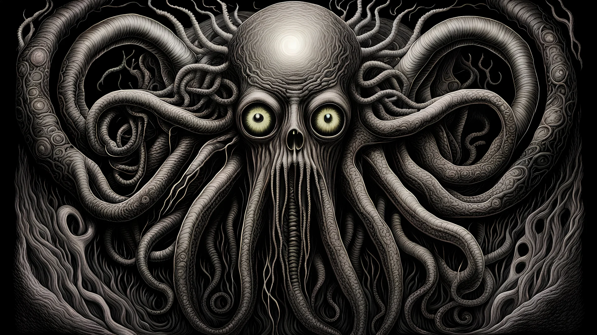 The Gaze Of Azathoth || Lovecraftian horror :: in the styles of Douglas Smith and Paul Carrick and H.R. Giger :: mixed media on scratchboard :: imperial colors :: cinematic :: sharp focus :: highest resolution :: epic masterpiece