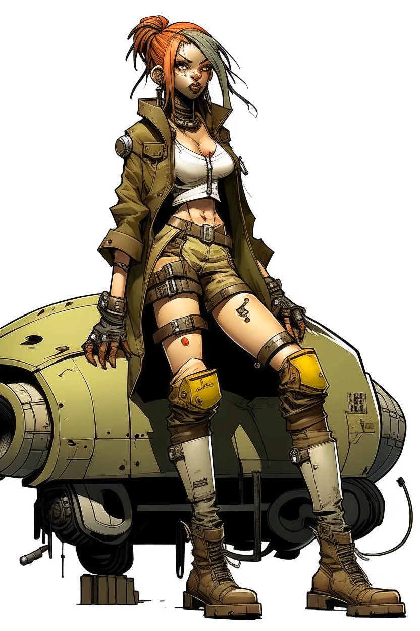 tank girl big boots sit on mechanic sputnik sphere vehicule