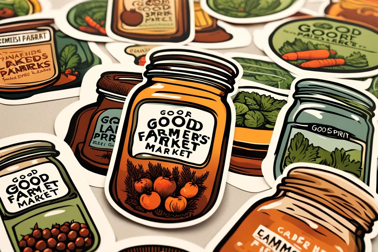 Stickers for a lakeside farmers' market "Good Spirit Market" in a national parks sticker style, featuring illustrations of home preserves.