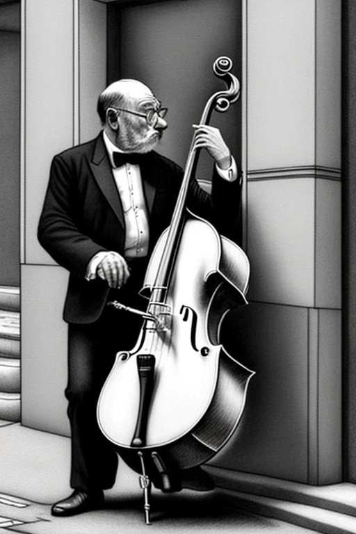 One single mature cat playing contrabass on the street, Vienna, thoughtful, mourning, model style, hyper realistic, extremely accurate, delicate, extremely detailed, Graphic novel style, wide-angle, open aperture, superfine pencil