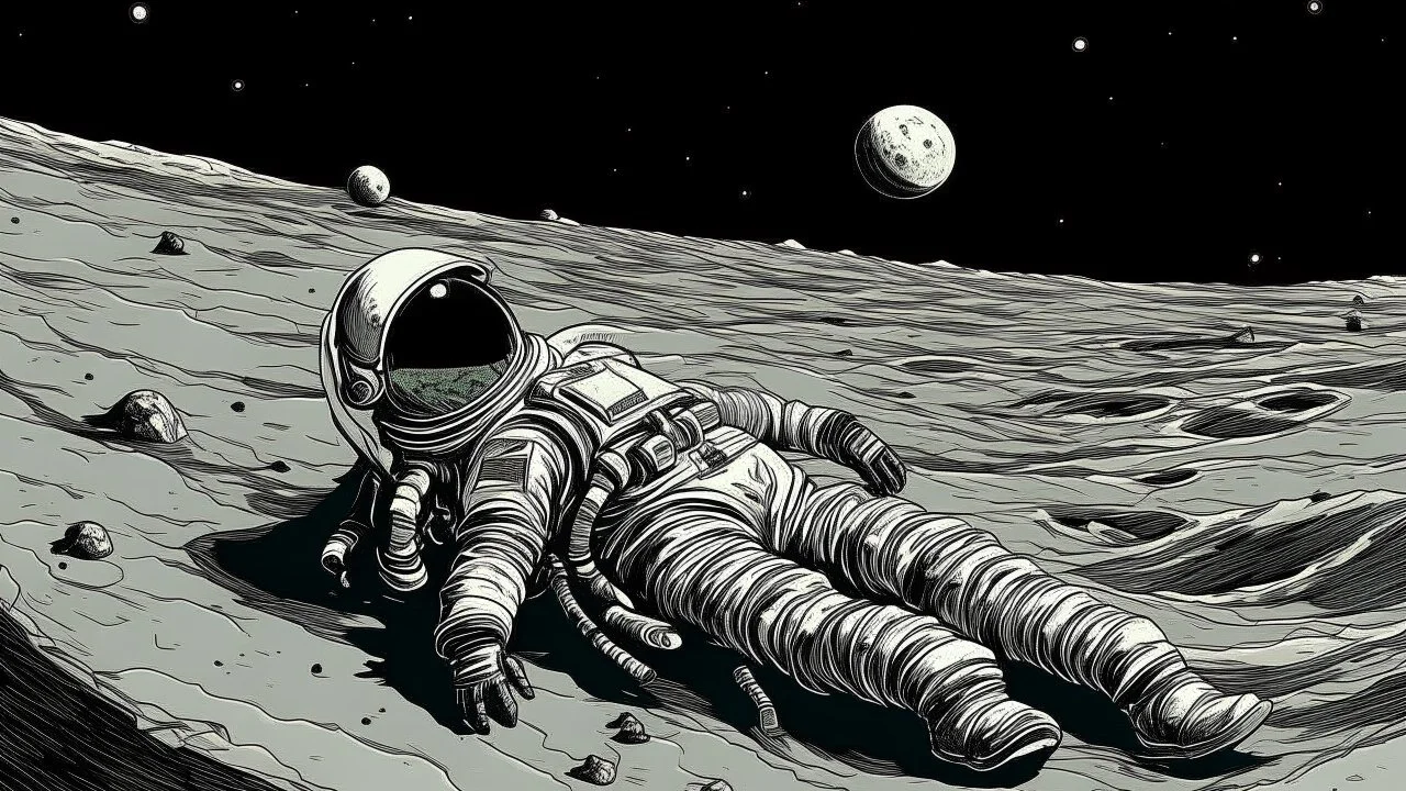 Lone astronaut lying listlessly on a lunar crater, absentmindedly playing with space dust, Earth satellite shining monotonously on the black horizon, spacesuit decorated with doodles of boredom, dramatically exaggerated pose of cosmic ennui, space station flickering faintly in the distance, surreal space comedy style
