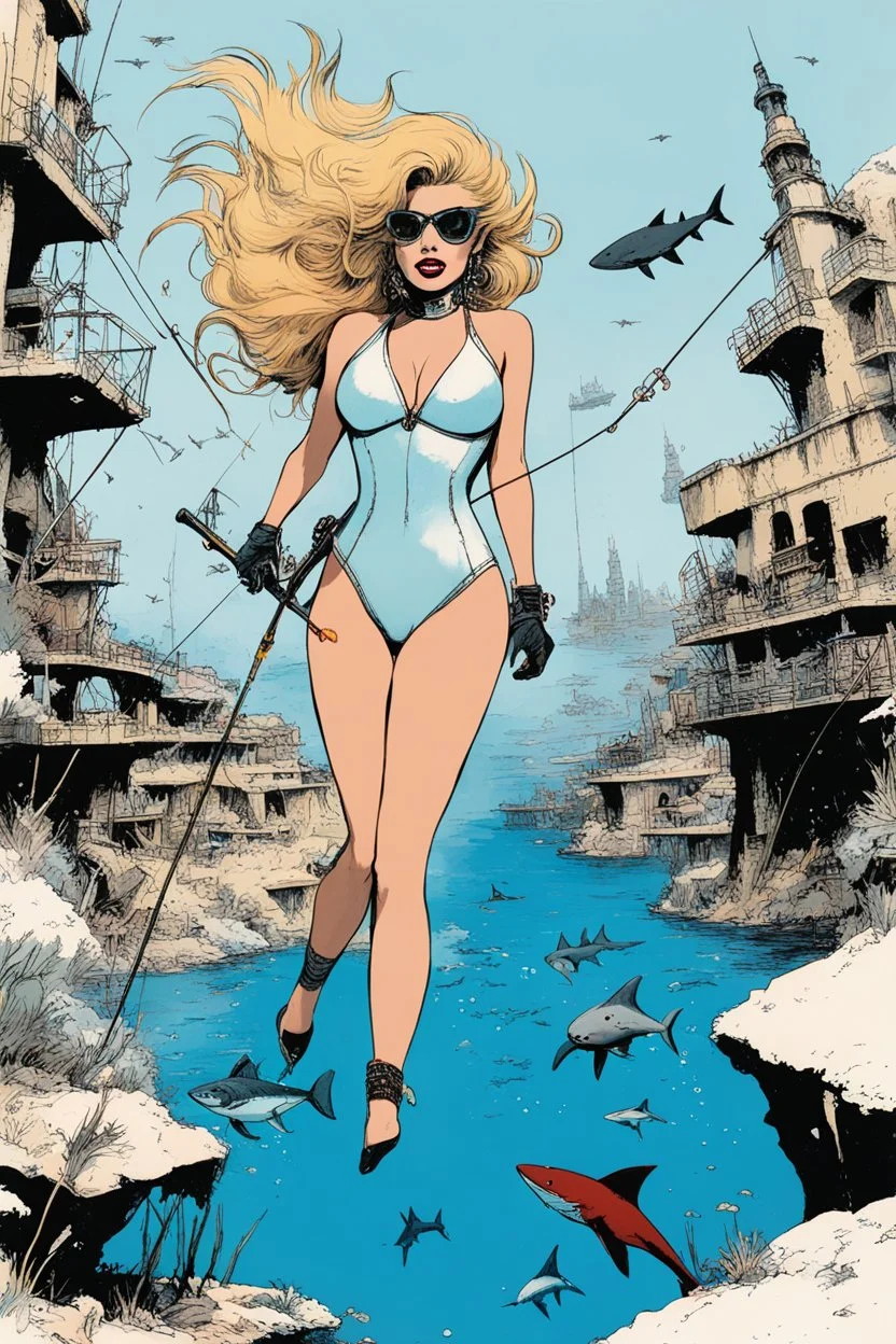 high res photo by Ralph Steadman: special issue on fishing sharks in the sunken city guest star: Barbarella in two pieces swimsuit as an adventurer fishing sharks underwater in a post apocalyptic city