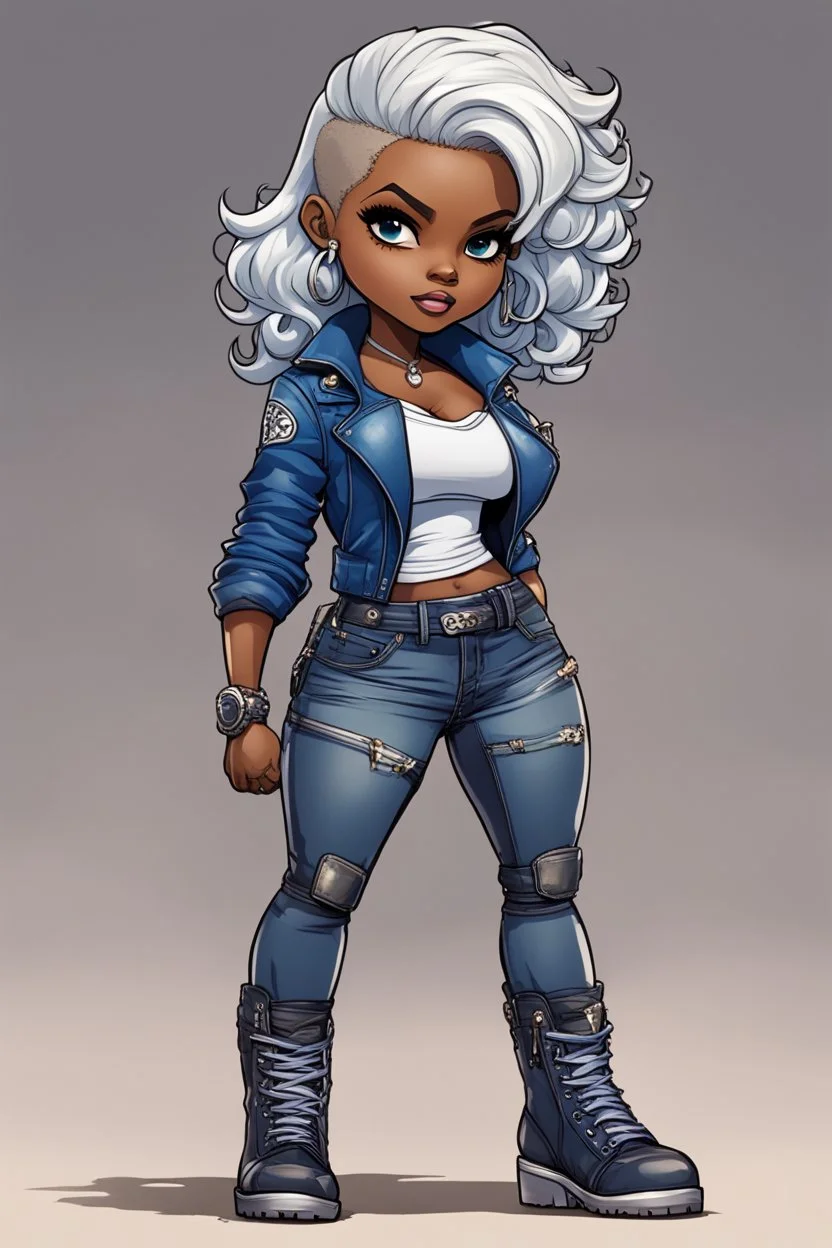 create an comic book art illustration of a chibi cartoon voluptuous black female wearing a blue jean outfit with biker boots. Prominent make up with hazel eyes. Extremely highly detail of a very low platinum blonde pixie haircut. Background of a bike show.