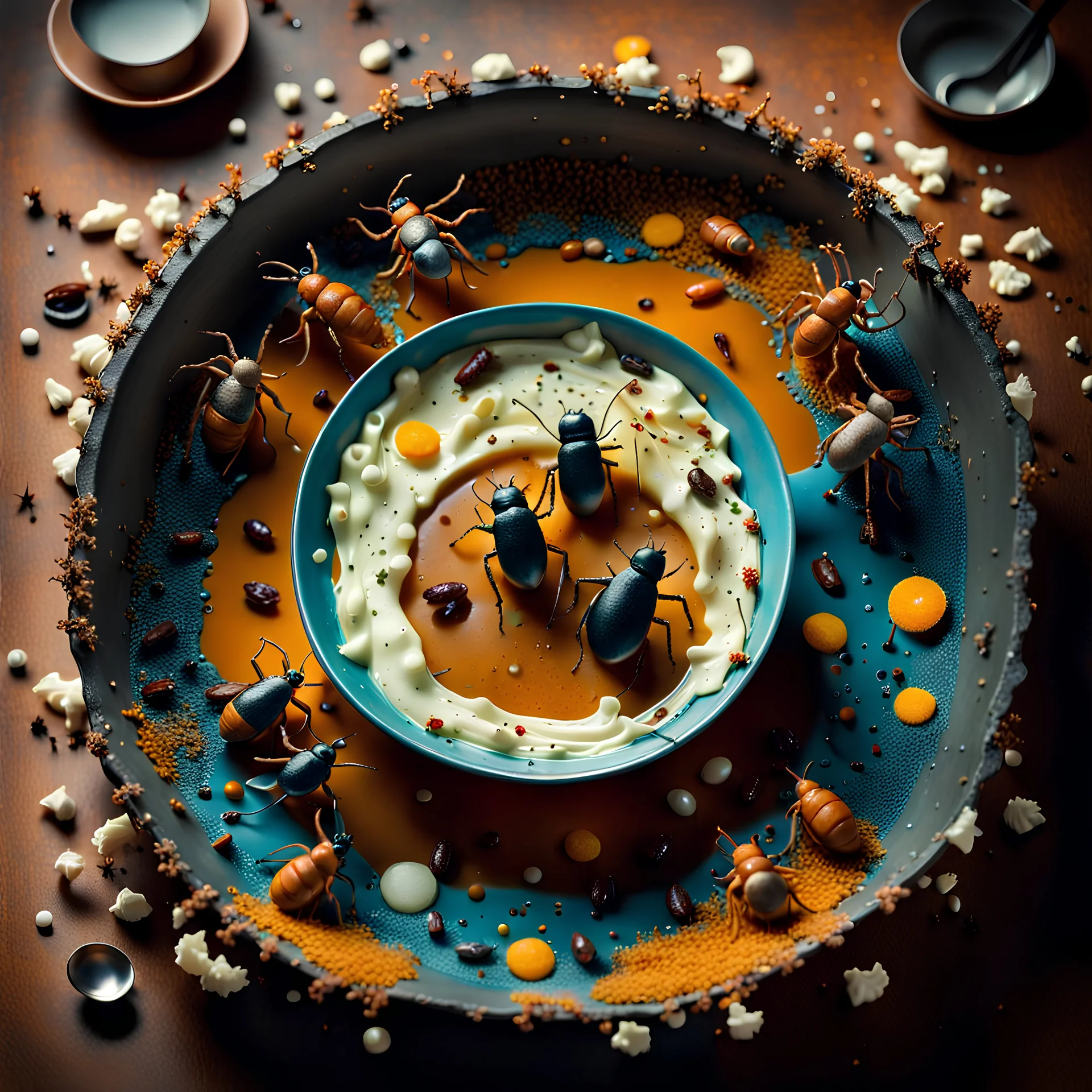 Photograph HD of a broth teeming with loathsome insects and floundering human forms, contained in a bowl placed on a well-set table hole, all is made of cake-frosting and felt, Ernst Haekel, Max Ernst, fairytale, strong texture, minimalist style, rich moody colors, sparkles, bokeh, hyperrealism, octane render, 33mm photography, tiltshift