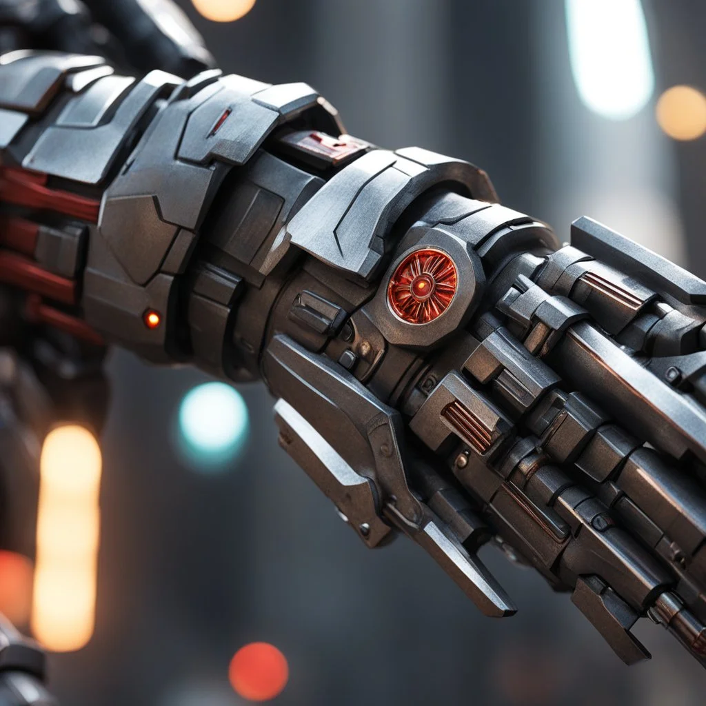 bokeh close up detailed view: The fingers are encased in sleek, metallic armor, each joint articulated for precision and power (rusty and bloody). Embedded along the forearm are pulsating veins of energy, feeding directly into the weapon and enhancing its deadly potential. In the grip of this hand is the power blade, a stunning creation of futuristic warfare. The blade itself is a marvel of craftsmanship, its edge razor-sharp and crackling with energy. The tenses of the hand around the hilt, the