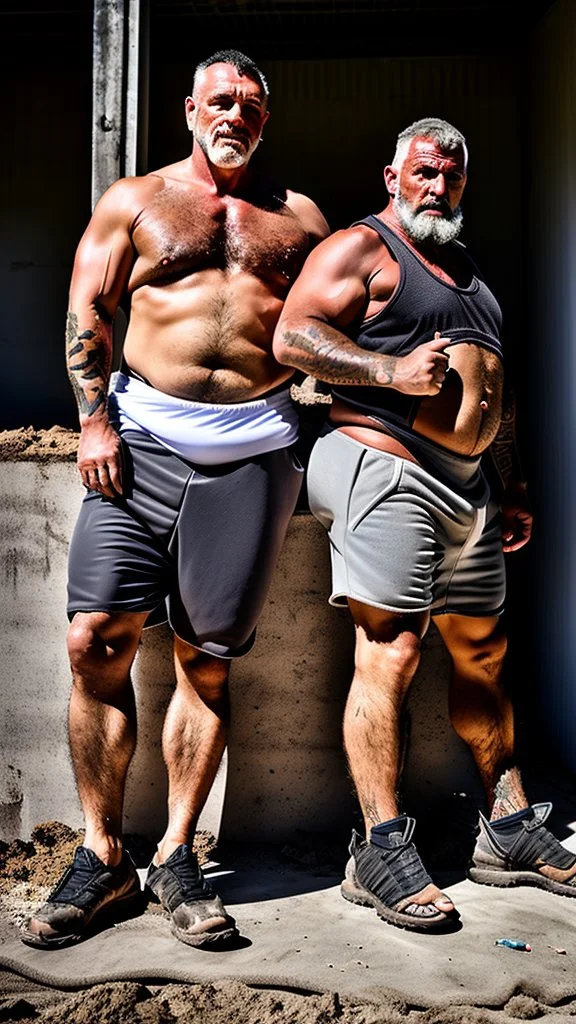 half figure shot photography of two dirty muscular turkish chubby ugly construction workers sitting in a construction site, with stubble beard in dirty tank top manly torso , 49 years old, manly hairy, big legs, tattoo, in white boxer, bulge, dreadlocks, crossed arms, open legs, side lighting, serious, natural features, 35mm lens, global illumination, uplight, dof, photorealistic , ultra detailed