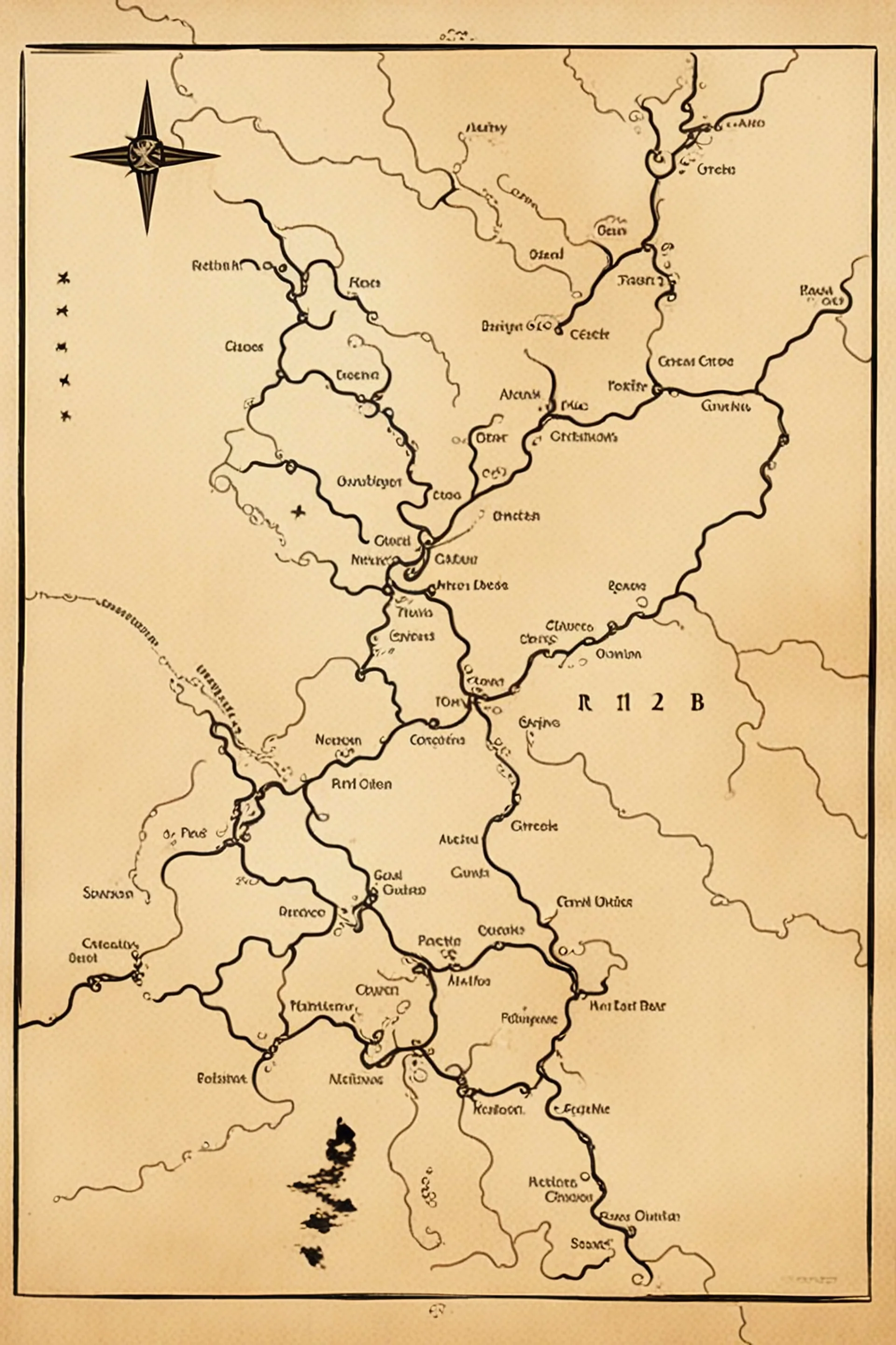 a scan of an ancient Cree Anishinaabe road map, black and white printed map that has been been stained and weathered, text is in a Cree Syllabic font