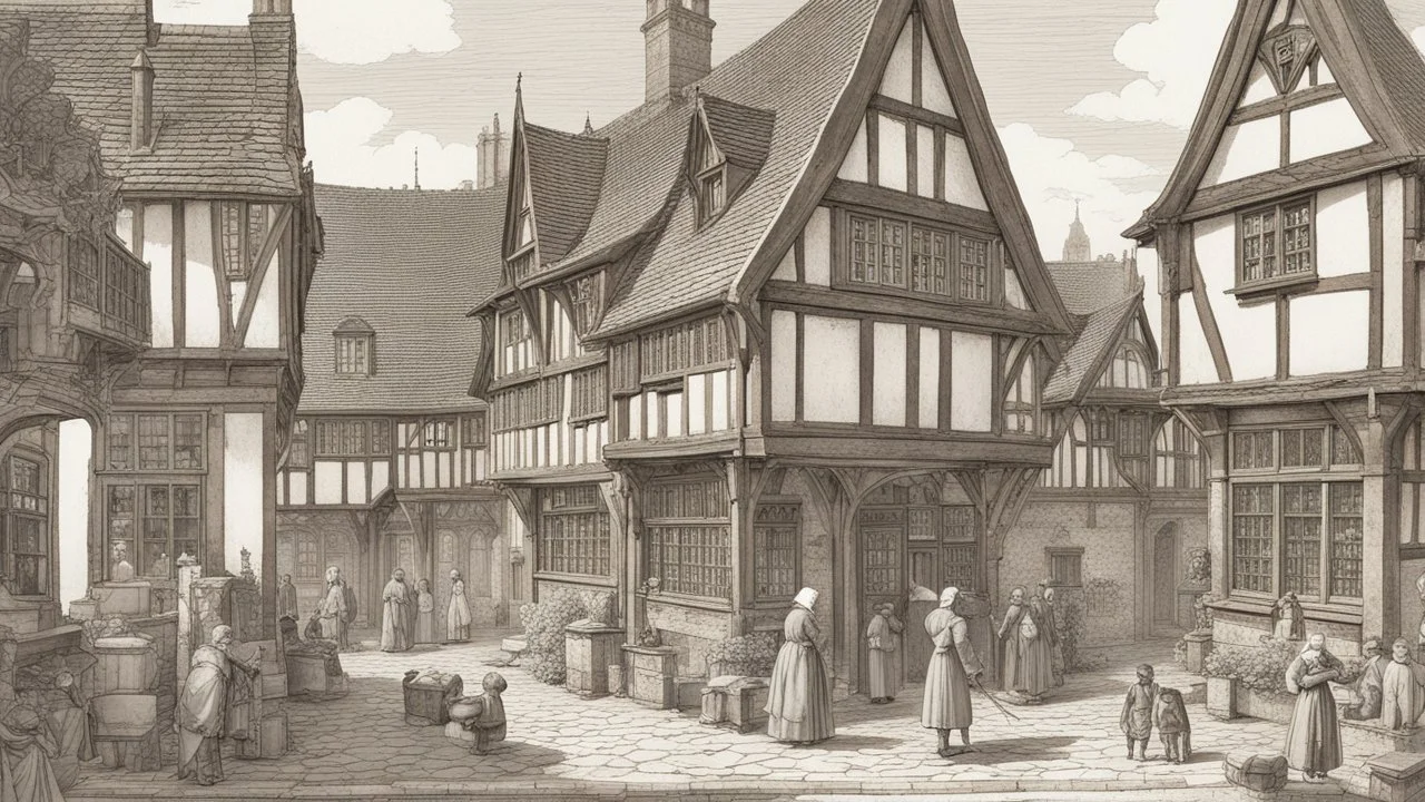 A Paved Courtyard, With Tudor Gothic Houses, Tall Chimneys, Crooked Roofs, a small stream, People, Shops,