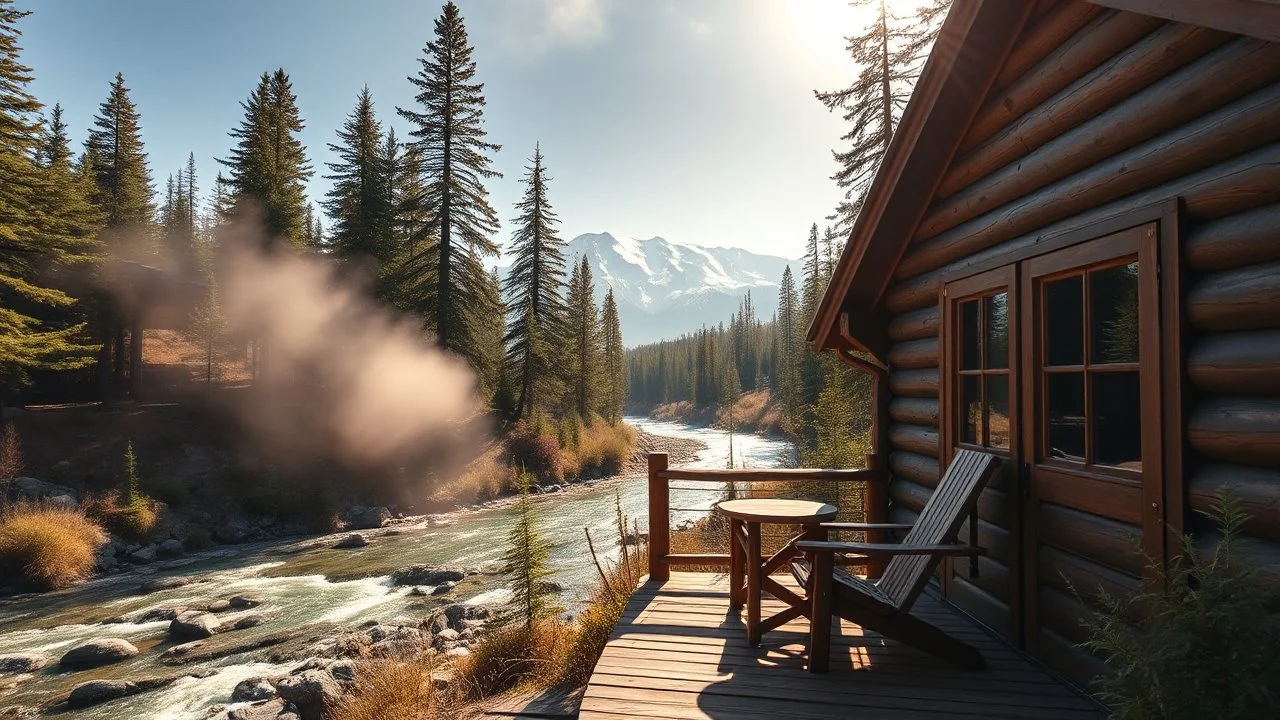 A cozy cabin nestled in the mountains, surrounded by towering pines and a clear, flowing river. The cabin has a wooden deck with a comfortable chair and a small table, perfect for enjoying the stunning view of the snow-capped peaks in the distance. A soft mist hangs in the air, adding to the sense of tranquility. Sunlight warms the cabin. Award-winning photograph, beautiful composition, exquisite detail and illumination