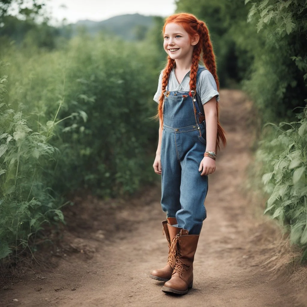 Pippi Longstocking with her iconic long braids, the adult version, in Santiago boots. Always having fun, that's the key. The iconic redhead is wearing a pair of short overalls, now a grown woman with tales of adventure in the fields. An untamed spirit, wild and free, she wanders with a mischievous glint in her eye. Her laughter echoed like music in the air, with her magnetic energy.